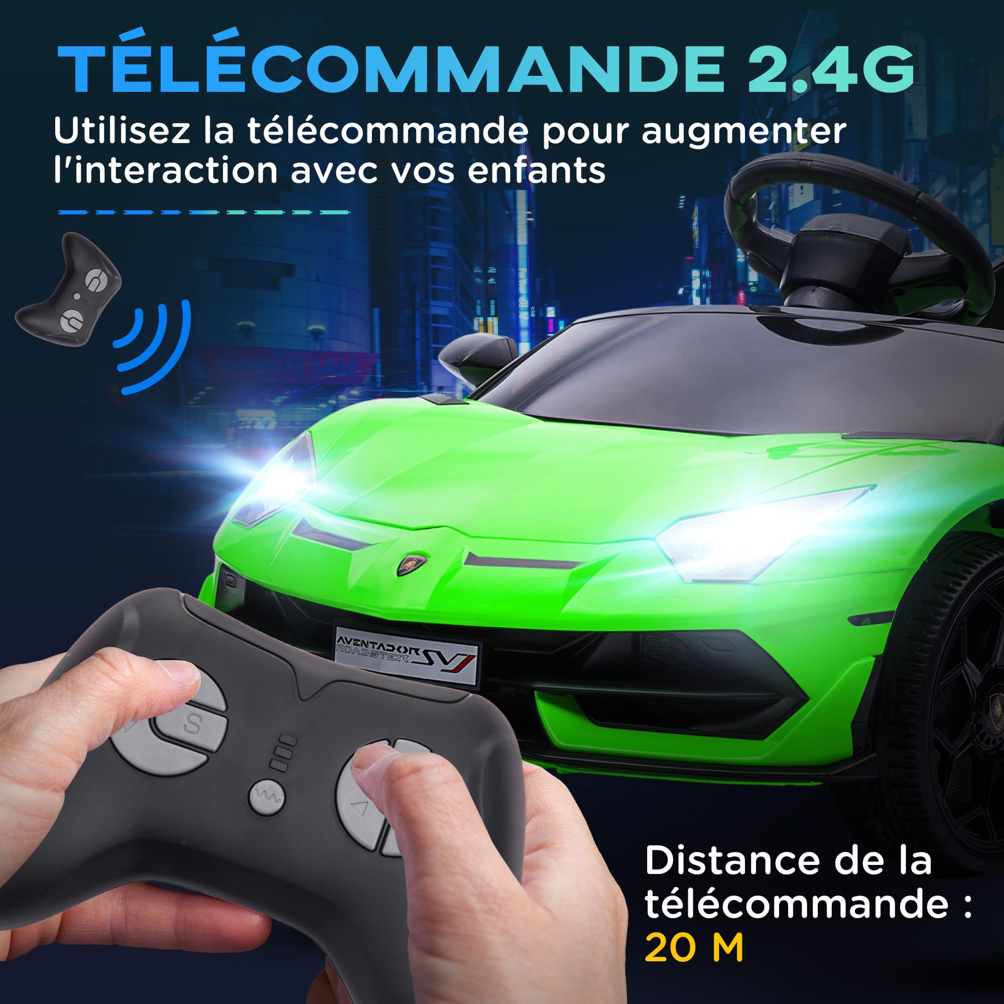 HOMCOM Voiture Électrique pour Enfants 12V, Portes Papillon, USB, Vert | Licence Lamborghini Aventador SVJ, Télécommande LED, Musique, Vitesse 3-5 Km/H