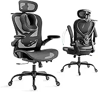 Cadeira Escritorio com Travesseiro para Pescoço e Encosto de Cabeça 3D, Cadeira Ergonomica com Cabide e Rodas de Borracha, Cadeira Presidente com Suporte Lombar 2D e Braços Rebatíveis,Preta
