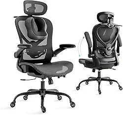 Cadeira Escritorio com Travesseiro para Pescoço e Encosto de Cabeça 3D, Cadeira Ergonomica com Cabide e Rodas de Borracha, Cadeira Presidente com Suporte Lombar 2D e Braços Rebatíveis,Preta