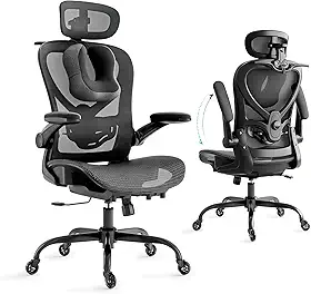 Cadeira Escritorio com Travesseiro para Pescoço e Encosto de Cabeça 3D, Cadeira Ergonomica com Cabide e Rodas de Borracha, Cadeira Presidente com Suporte Lombar 2D e Braços Rebatíveis,Preta