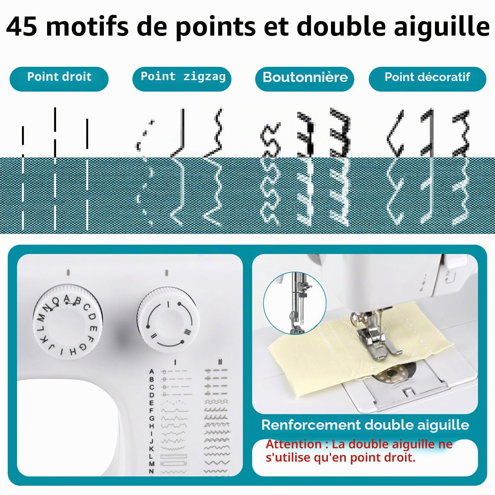 Mini Machine à Coudre Portable pour Débutants avec 45 Points, Kit Couture | Machine à Coudre Maison Avec LED, Double Aiguille, Double Vitesse, Kit Couture Complet pour Denim, Sheer, Tissus Du Quotidien