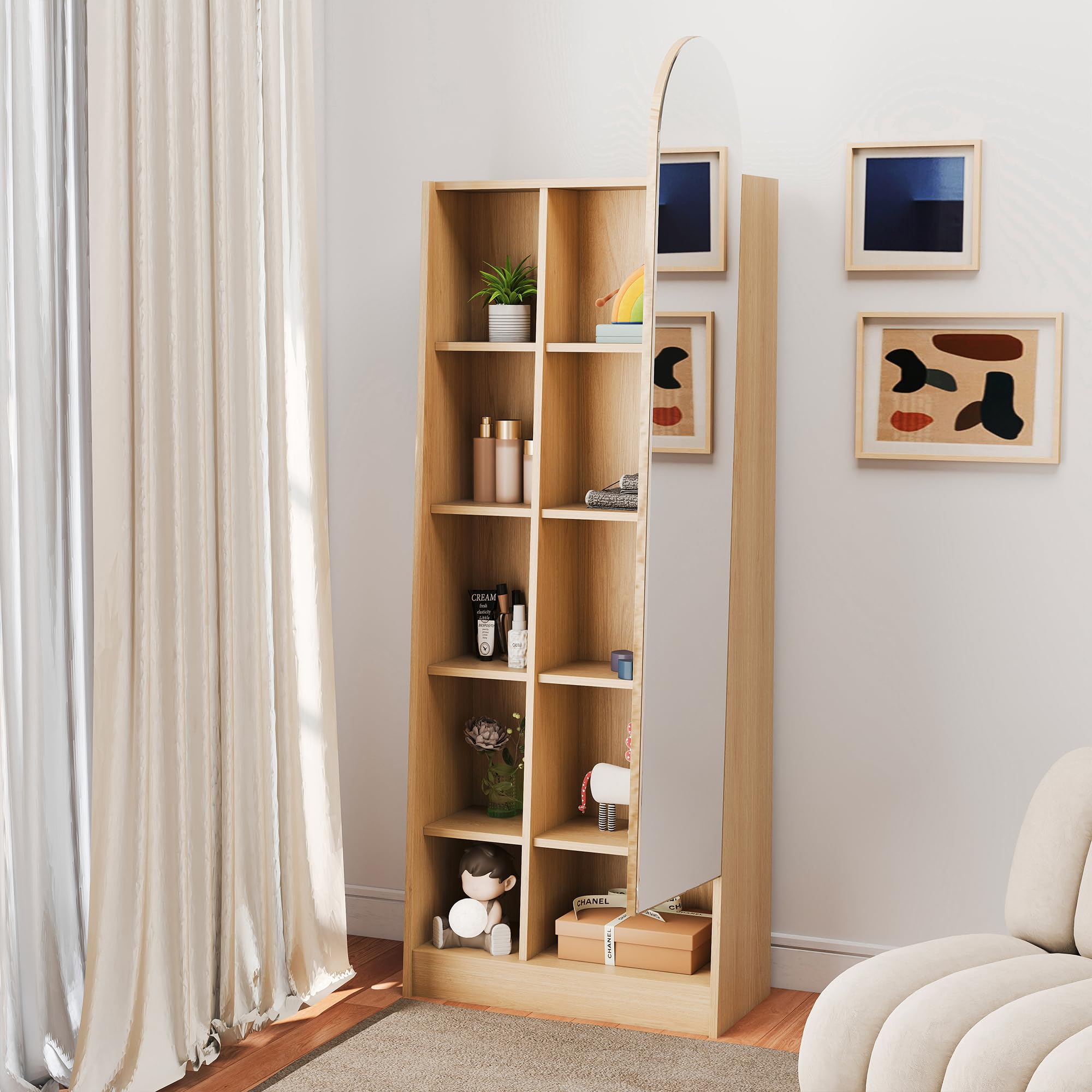 Zapatero con puerta de espejo, 60 x 28 x 165 cm, armario alto con aspecto de madera natural con espejo de cuerpo entero, armario con estantes ajustables y compartimentos abiertos, armario de pasillo y