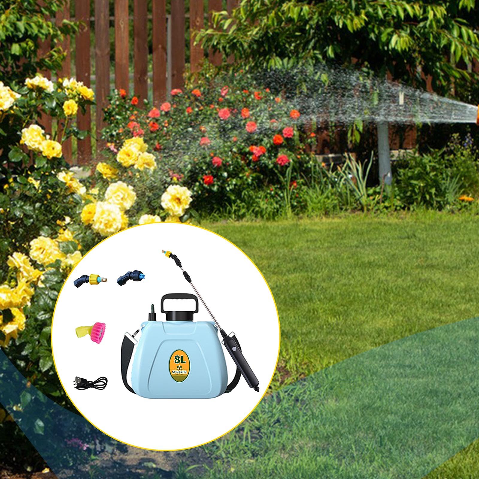 Spruzzatore Elettrico da 8L con Manico Ergonomico Asta Telescopica Regolabile Tre Diversi Ugelli Spallaccio Pratico Adatto per Giardino Casa Orto, Blu