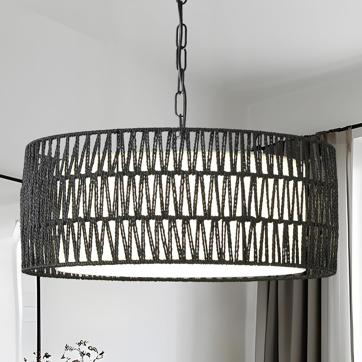 Farmhouse Rattan Chandelier Light Fixture, Black boho Pendant Light Hand Woven Chandeliers for Dining Room with Fabric Shade, Large Wicker Coastal Pendant Light for Kitchen Bedroom Island Hallway