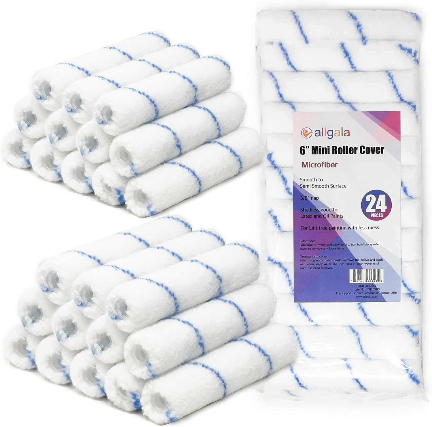 Allgala 6" Mini 3/8" Nap Shedless Microfiber Paint Roller Cover for Door Trim Furniture Cabinets - 144 Pack