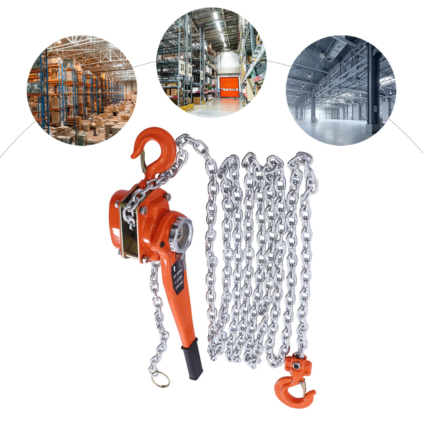Paranco Manuale a Catena da 1500kg con altezza di sollevamento di 6m,Mini paranco a Leva in acciaio legato con catena in acciaio ø7.1mm G80, freno di sicurezza e gancio,per trasporto merci e traino