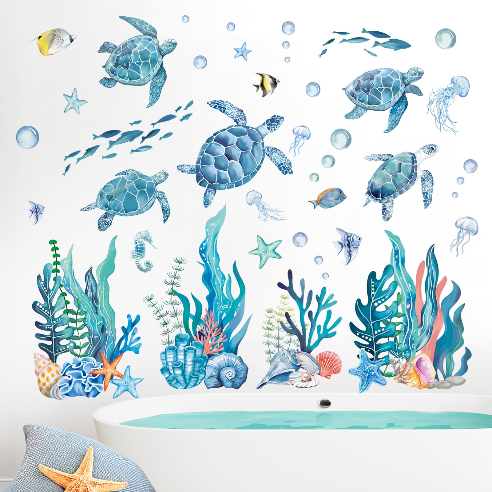 FUFUQUARE Blue Turtle Wall Stickers Under The Sea Jellyfish Seaweed Wall Decals DIY Peel and Stick for Kids Bedroom Living Room Bathroom - Image 2