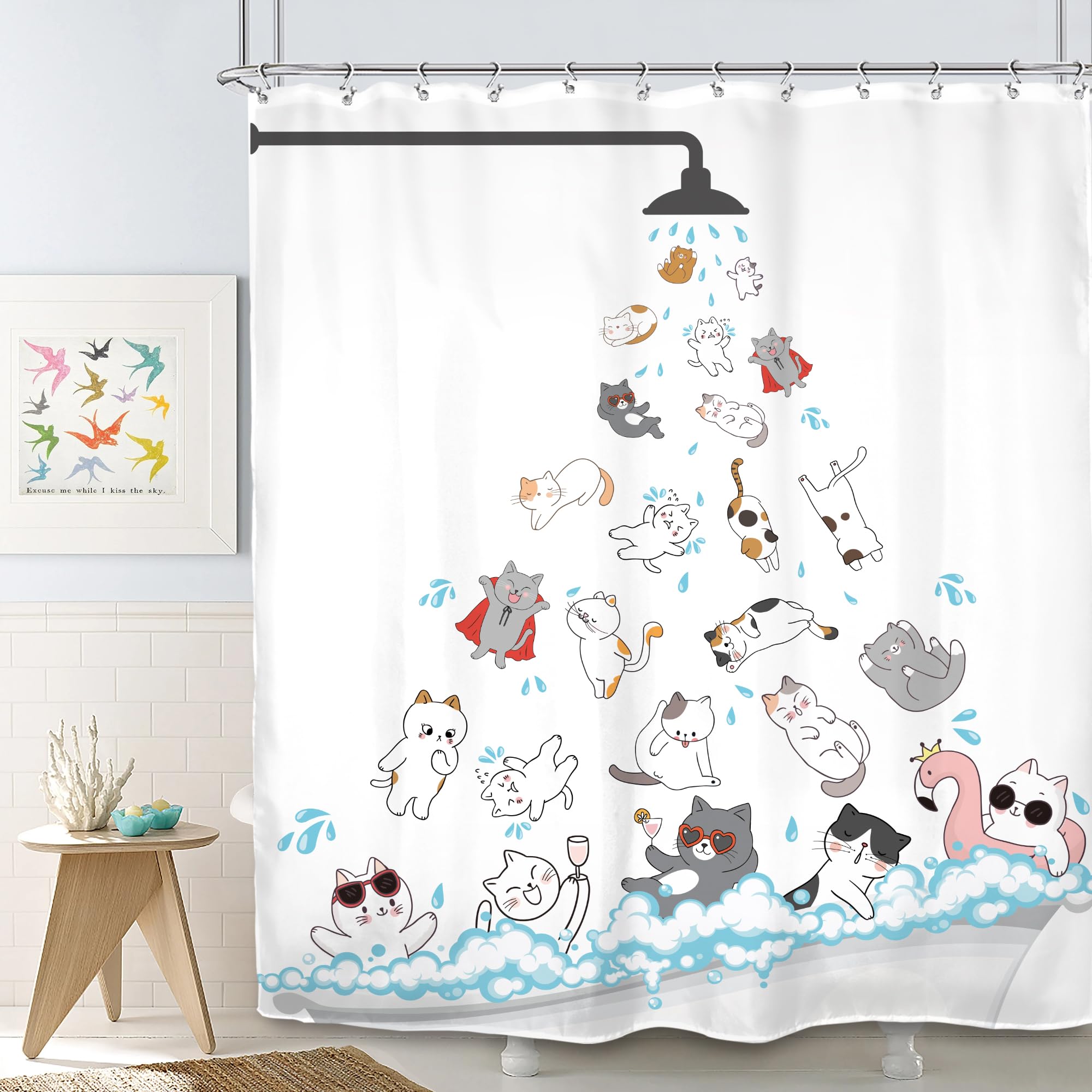 SVBright Cute Cat Shower Curtain 60Wx72L Inch Kids Funny Cartoon Raining Kitty Animal Hilarious Pets Playing Water Kawaii Boys Girl 12 Pack Hooks Polyester Waterproof Fabric Bathroom Bathtub Panels