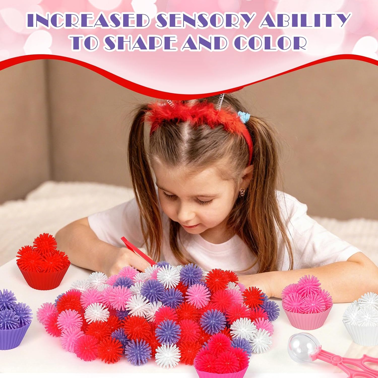 75 Pcs Valentine's Day Sensory Bin Items Valentine Counting Sorting Sensory Bin Filler 60 Hedge Balls 3 Tweezers 2 Scissors Clips 10 Cups Red Pink Fine Motor Counts for Valentine's Counting Decor