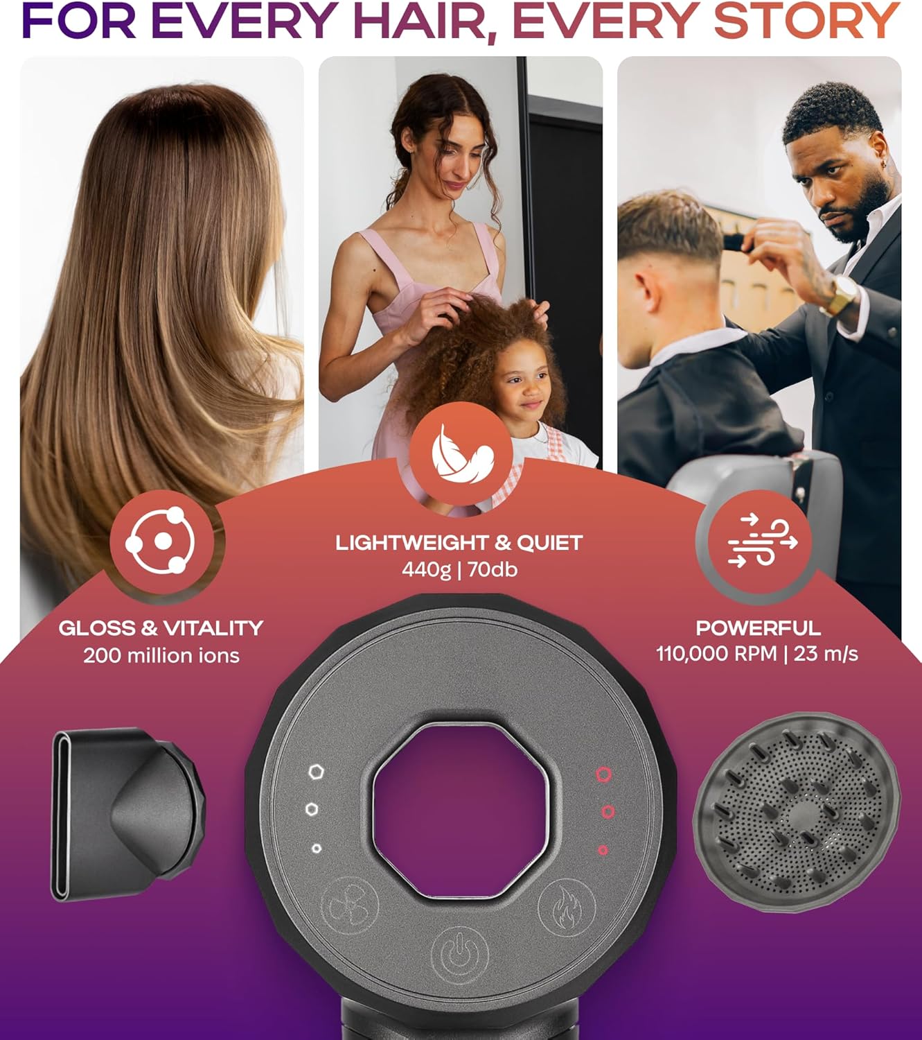 BIZOND Diffuser Ionic Hair Dryer, Professional Premium High-Speed Motor 110,000 RPM, 1600W Power, 200M Negative Ions, 9ft Long Cord for Woman and Man, Lightweight Blow Dryer, Fast, Ultra Quiet (Brown)