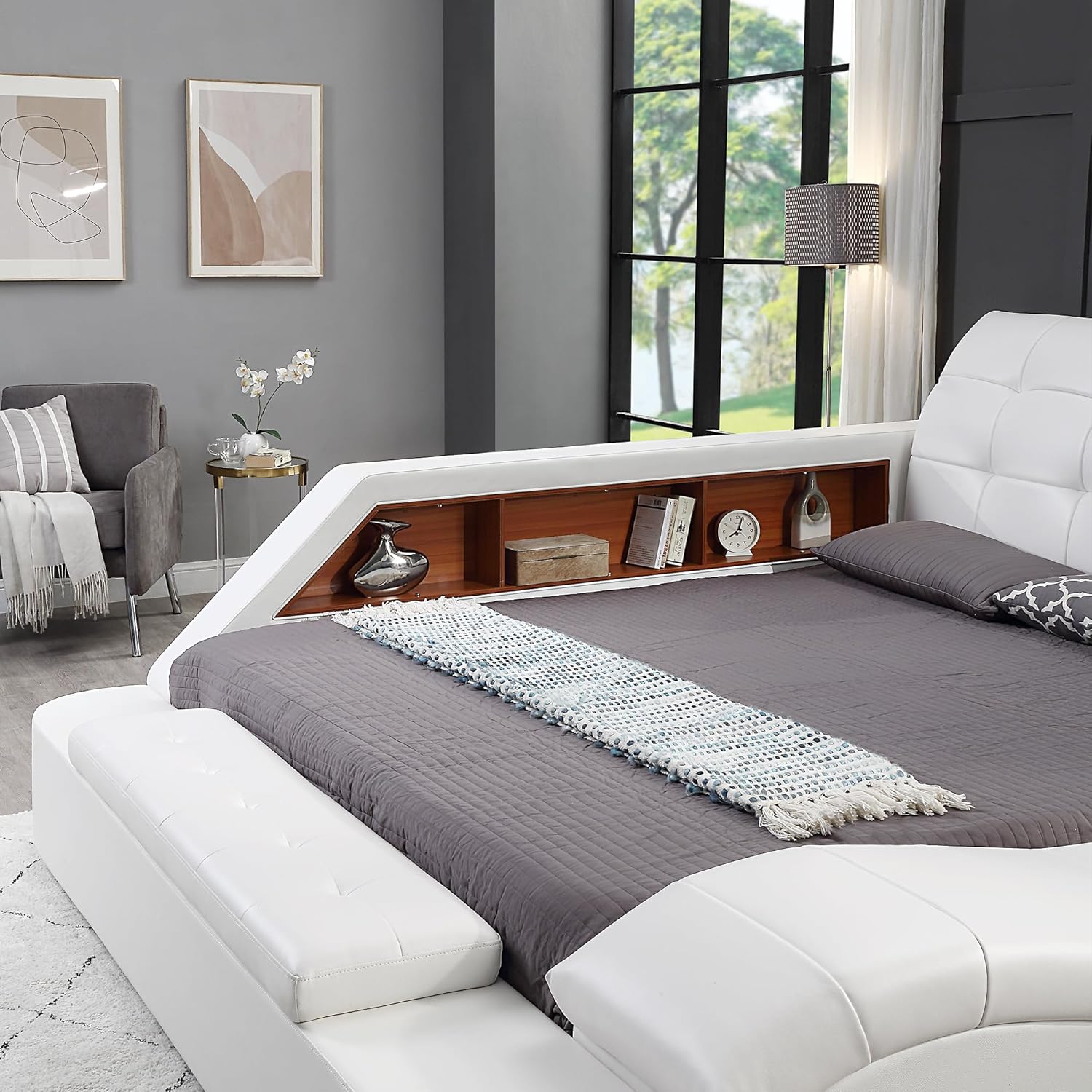 Multifunctional Queen Bed Frame, Modern Luxury Smart Upholstered Platform Bed with Massage Recliner on Right/Music Speaker/USB Charging Station/Storage Drawers, Adjustable Headboard, White