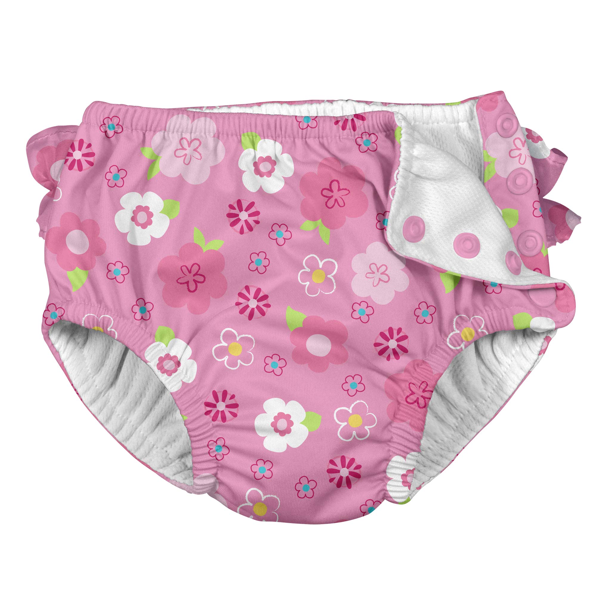 i play. by green sprouts Baby Girls' Ruffle Snap Reusable Absorbent Swimsuit Diaper Swim, Pink Floral, 6 Months