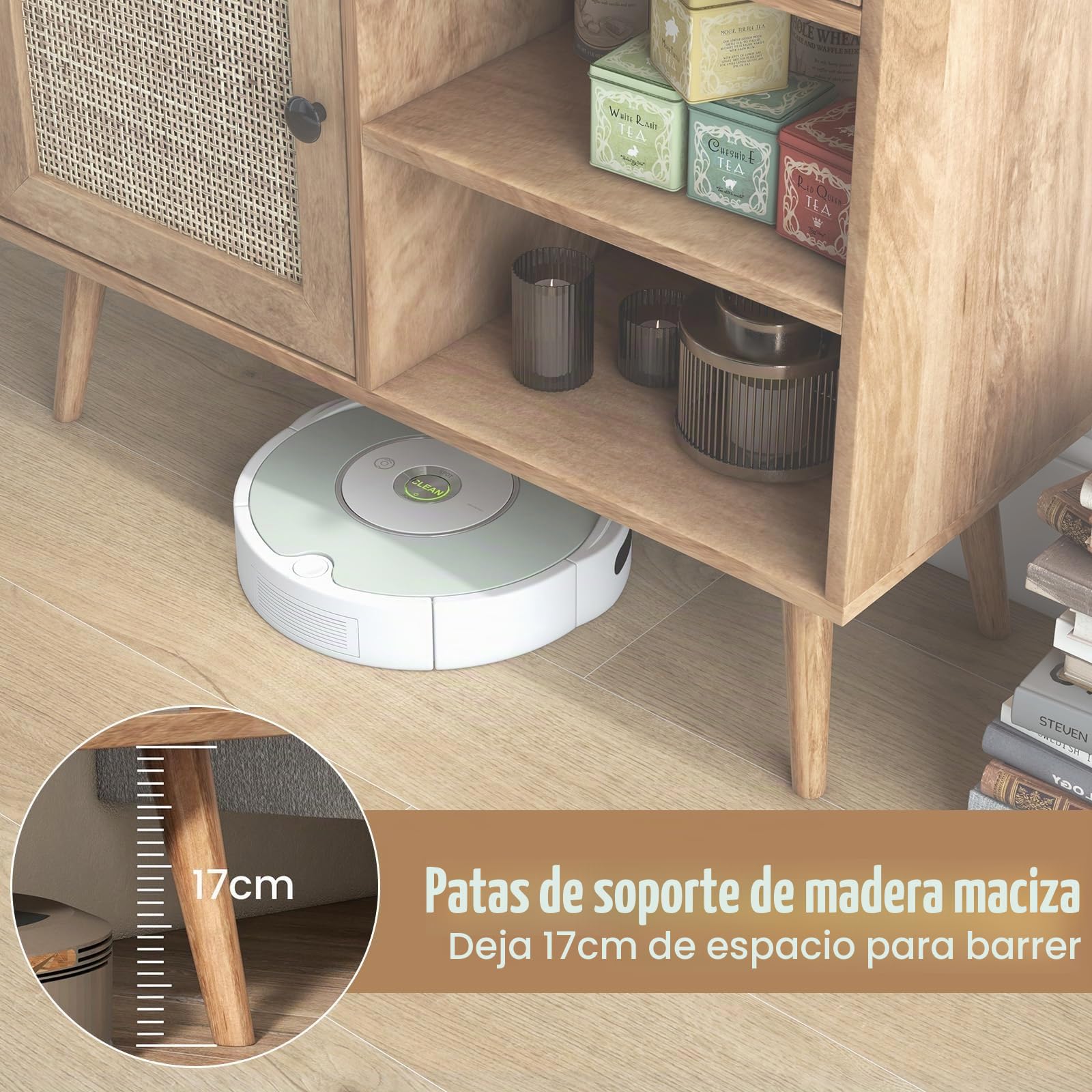 KOMFOTTEU Aparador de Cocina con Puertas de Ratán y 4 Estantes Abiertos | Armario Auxiliar de Madera, Mueble Buffet con Almacenamiento para Comedor y Salón, 80 x 29,5 x 97 cm
