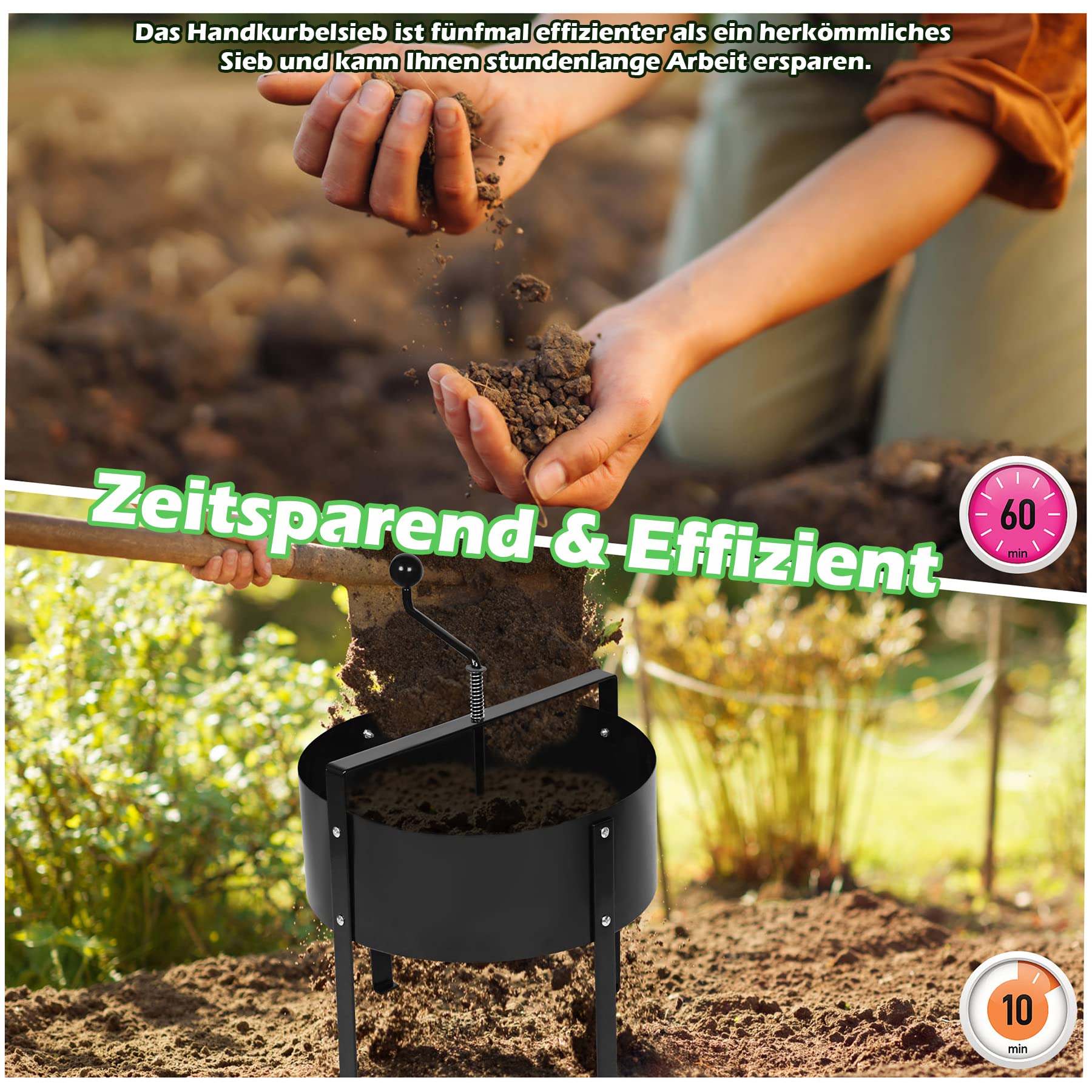 MAYTIIMO Handzwengelzeef, 40 x 45 cm, tuinzeef, handmatige aardezeef, metaal, compostzeef, zeef voor het zeven van aarde, fijnmazige zandzeef, draaibare bodemzeef voor aarde, gazon, tuin