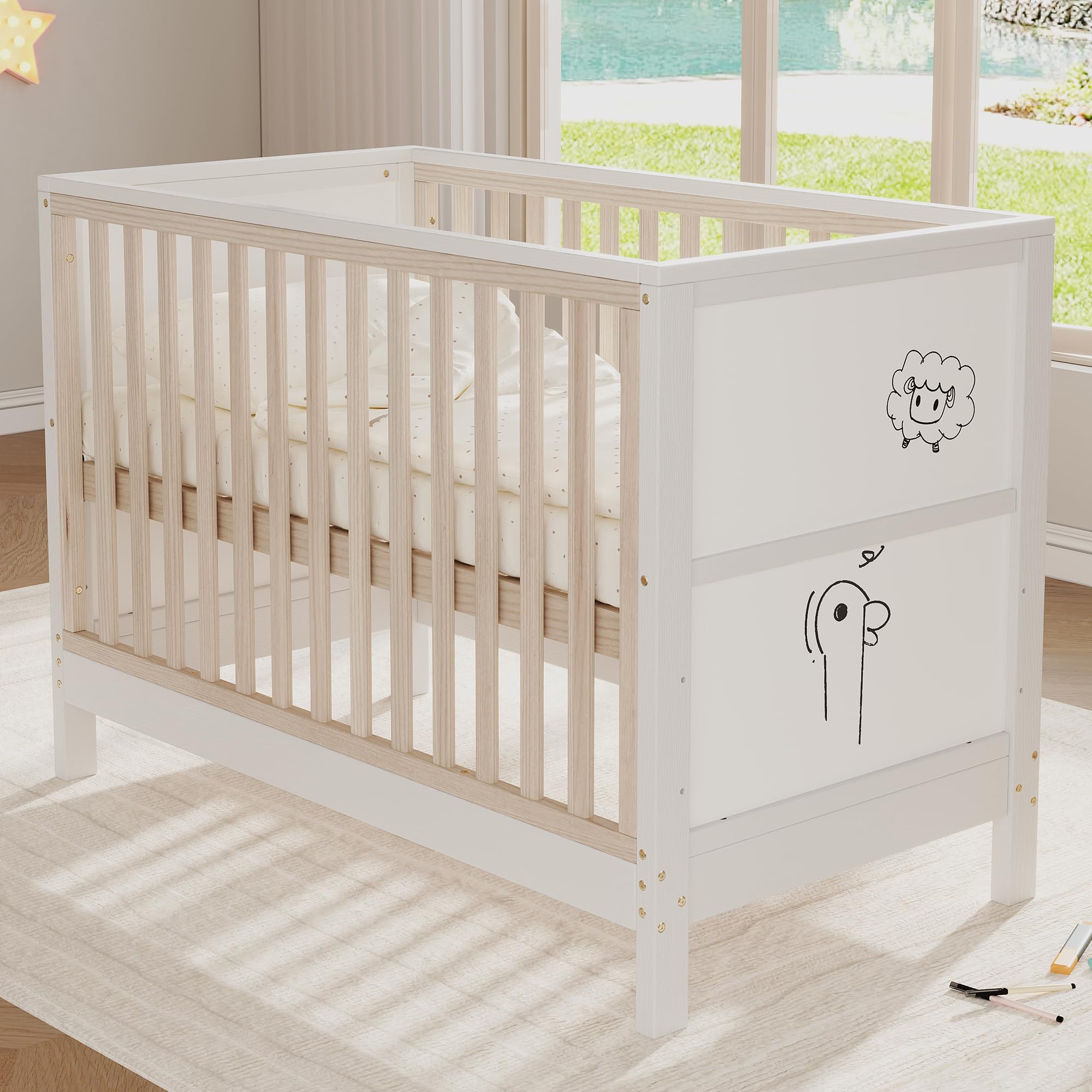 BTM Babybett Höhenverstellbar Babybett mitwachsend Baby Beistellbett/Kinderbett 60x120 mit Bemalbaren Tafeln Massivholz