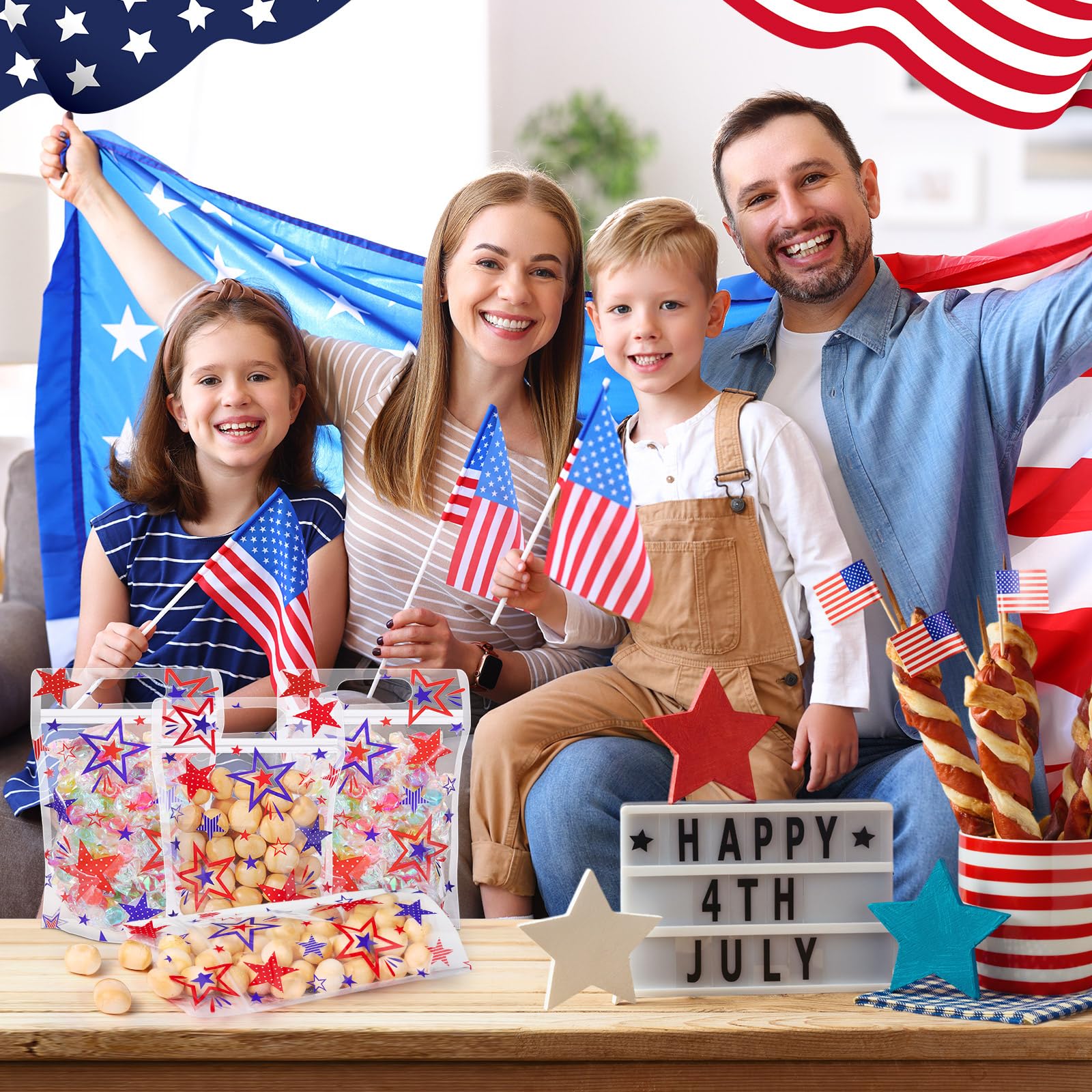 Frienda 60 Pcs 250th Anniversary American Bags Patriotic Star Theme Gift Bags Bulk 4th of July Candy Treat Goodie Handbags for USA Birthday Party Favors Independence Day Labor Day Party Supplies
