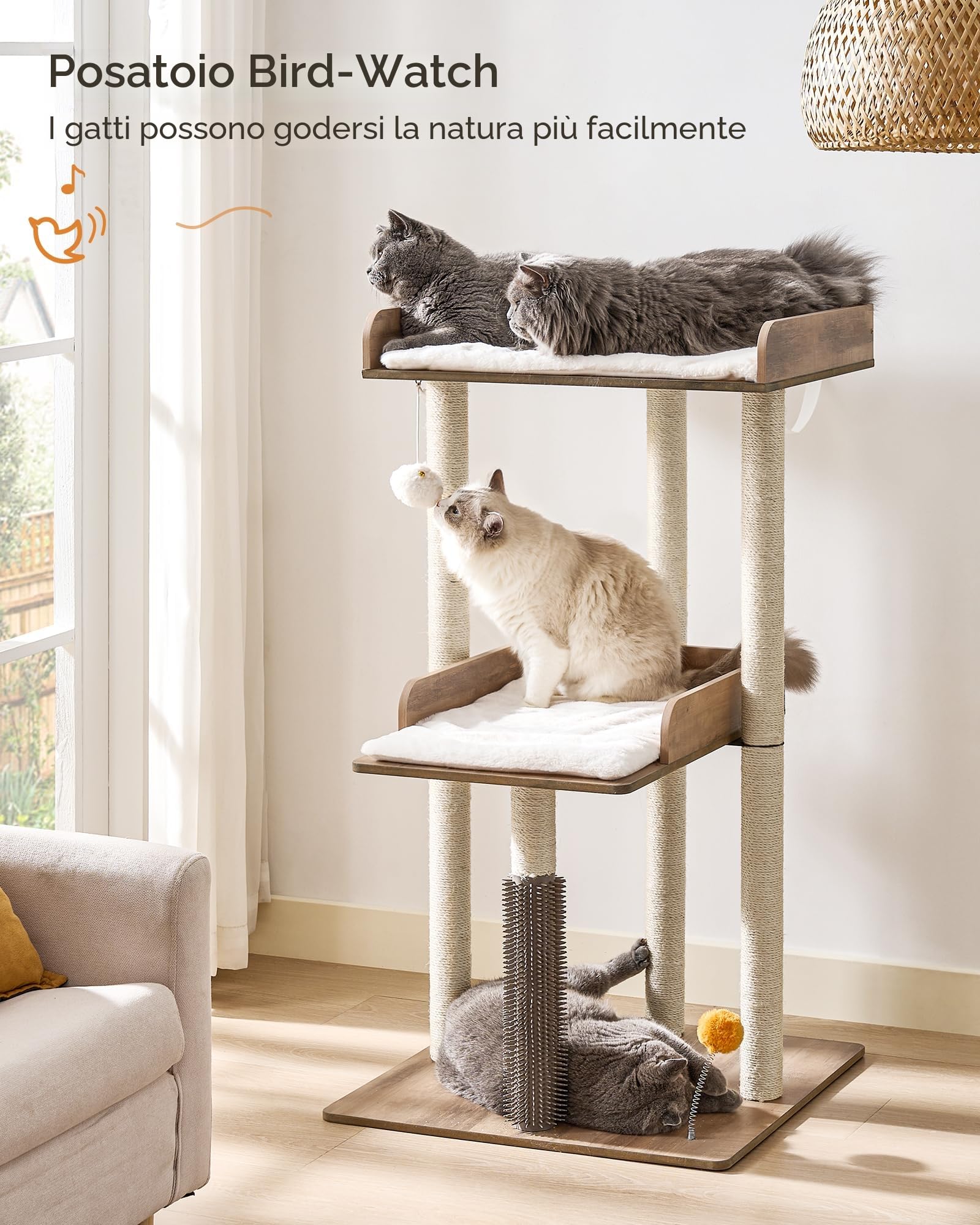 FourFurPets Albero per Gatti Alto 111 cm, Tiragraffi per Gatti,con 3 Pali Graffiatoi,2 Posatoi,Pompon,Greige