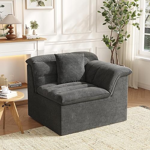 SUNG7 44" Cloud Sectional Couch with Single Arm, Modern Compressed Sofa, Comfy Sleeper Sofa, Corduroy Upholstered Couches for Small Space/Apartment, No Assembly Required, Dark Gray, Right Side - 44 Inch (Right Side) - Dark Gray
