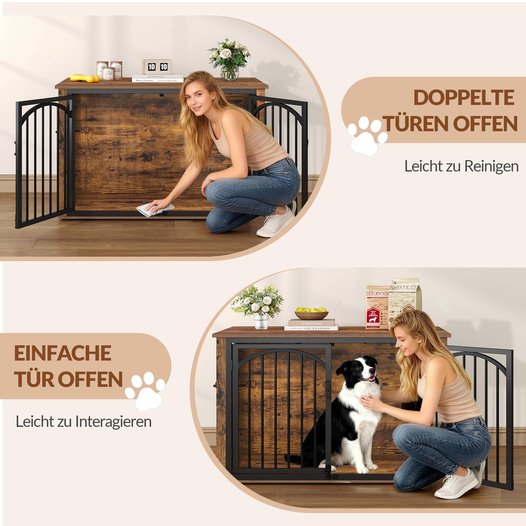 Hundekäfig Möbel, 100cm Hundebox für Zuhause mit 4 Türen, Moderne Hundebox Holz, Beistelltisch, für Mittelgroße bis Große Hunde, Hundekäfig Indoor, 100 x 60 x 63 cm, Vintagebraun und Schwarz