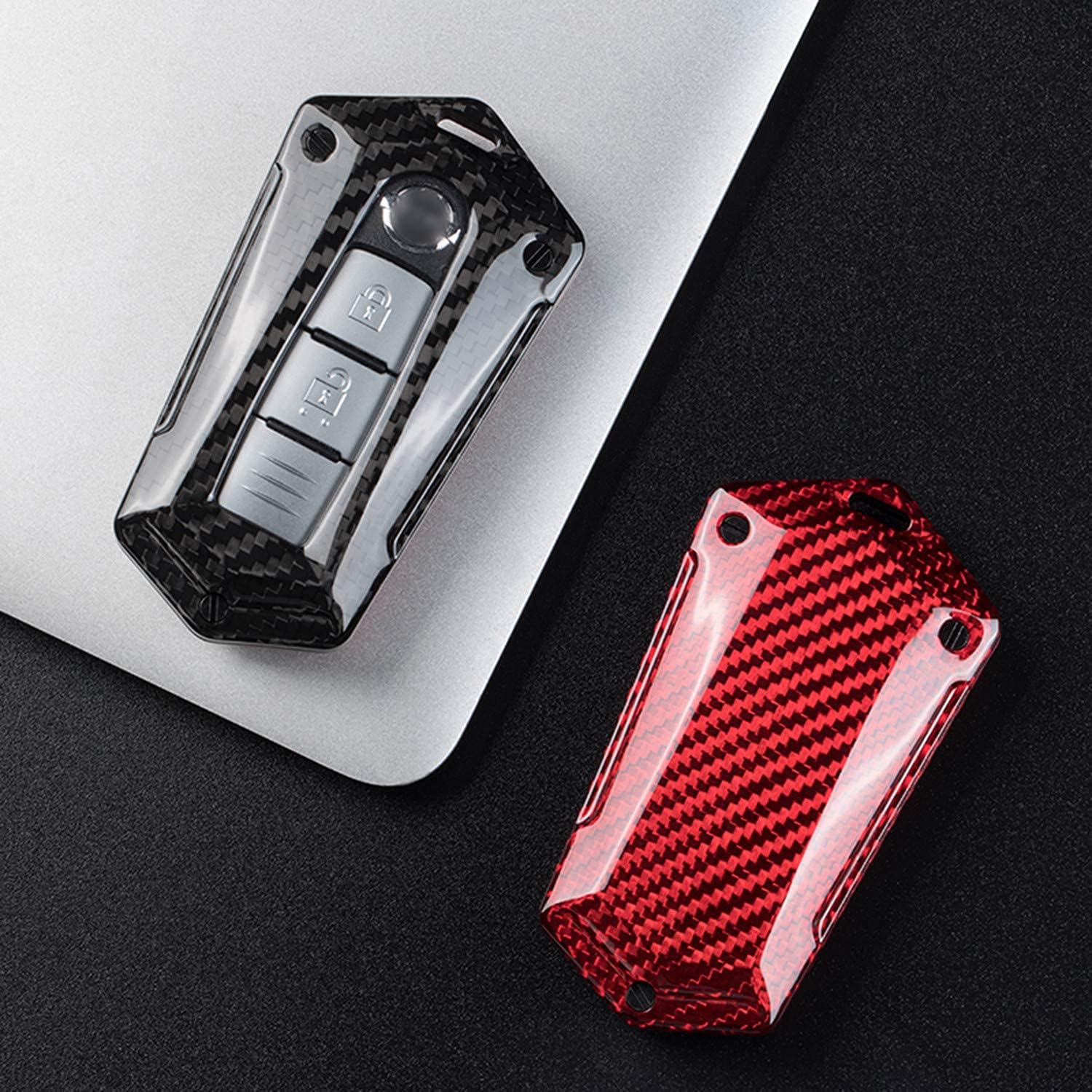 Car Key Fob Cover Case for Infiniti EX35 FX35 FX45 G25 G35 G37 JX35 M35 M37 M56 Q40 Q50 Q60 Q70 QX50 QX60 QX80 Carbon Fiber Anti Scratch Heavy Duty Key Shell - Black/Red + Braided Keychain