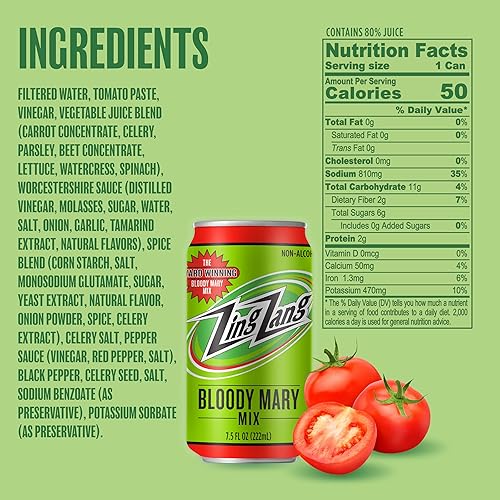 Miniatura 4 de Zing Zang Bloody Mary Mix, mezclador de cóctel sin alcohol con una mezcla de jugo de siete verduras y especias de sabor audaz, latas de 7.5 onzas