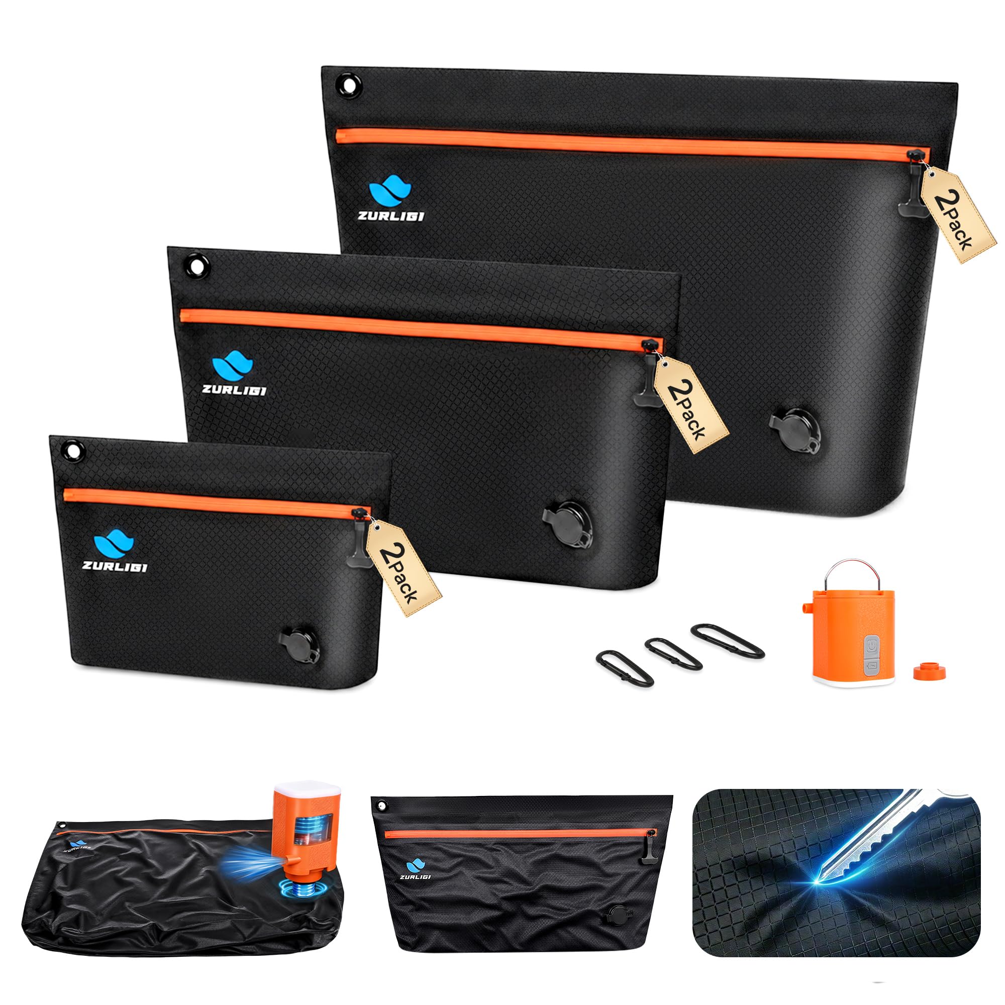 Zurligi Kit de bolsas de vacío de viaje con bomba, paquete de 6 bolsas de compresión IPX8 impermeables y duraderas de TPU antirasgaduras para ropa, ahorro de espacio para ropa interior, adecuadas para