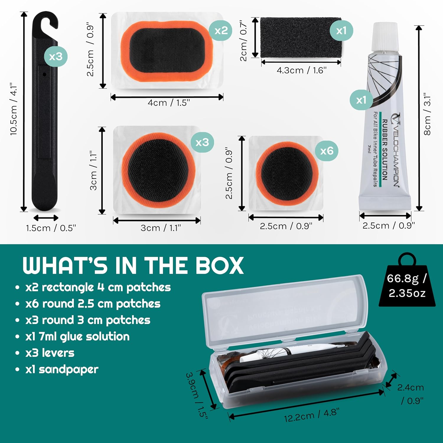 VeloChampion Glue Bike Tyre Puncture Repair Kit with Rubber Solution and Storage Case for All Bicycles; Road, Mountain, Commuter Bikes. 11 Repair Patches. 3 Tyre Levers