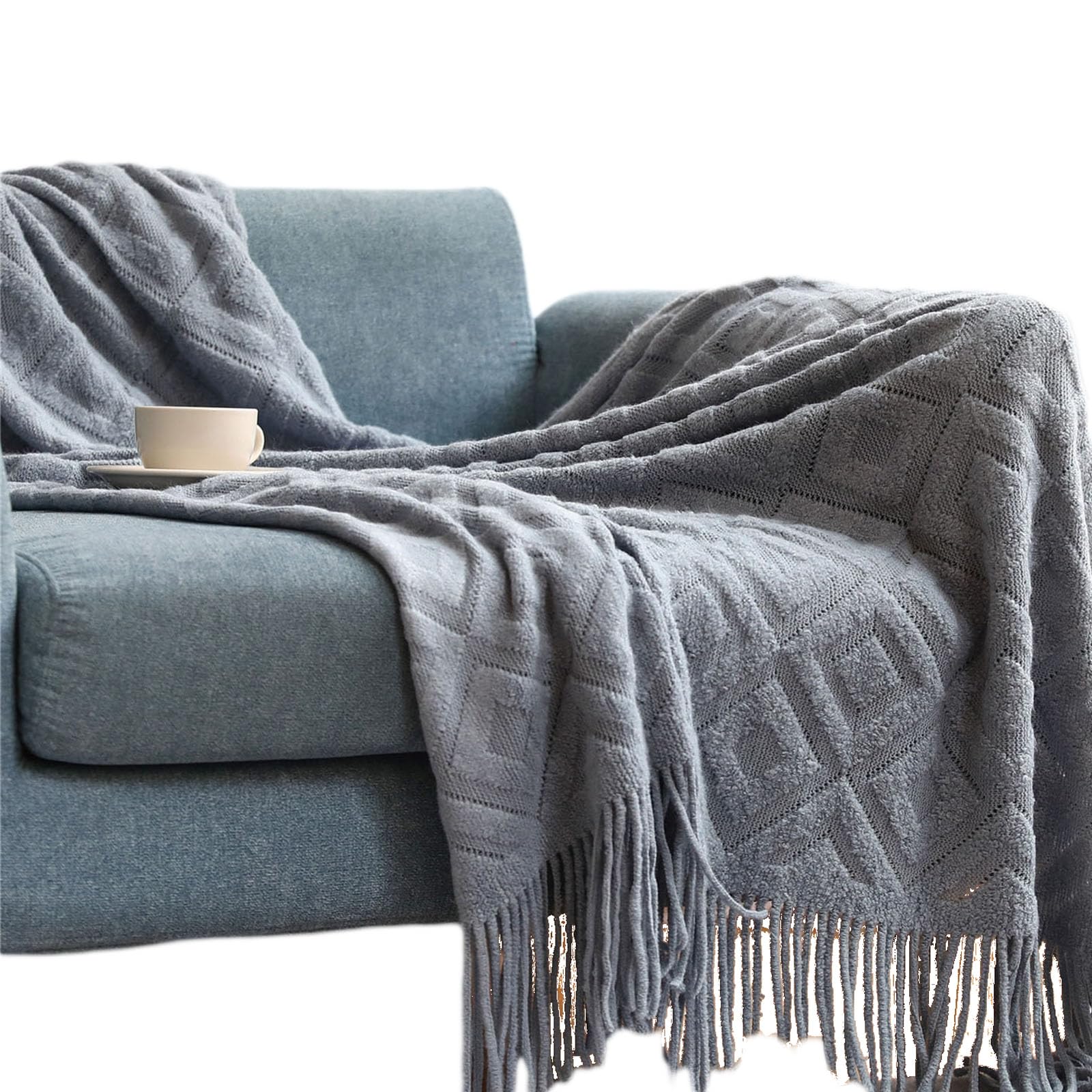 Couverture en tricot jacquard bleu pâle plaid toutes saisons jeté de lit à pompons
