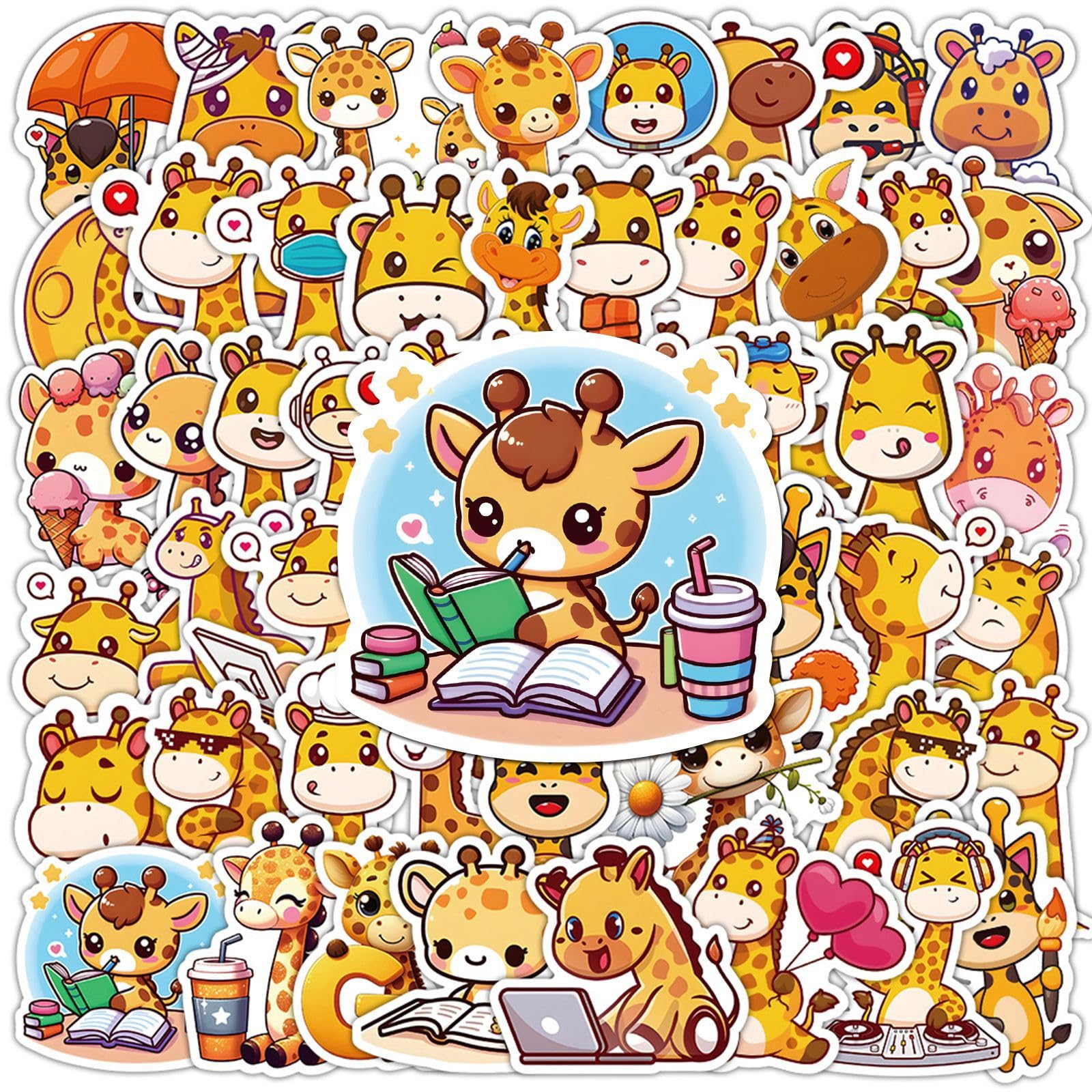 Lylsdsb Giraffe Stickers 50 Pcs Cute Cartoon Waterproof Animals Stickers For Laptop Skateboard Hydro Flask Water Bottle Computer Scrapbook Luggage,Vinyl Aesthetic Yellow Sticker For Kids Adults