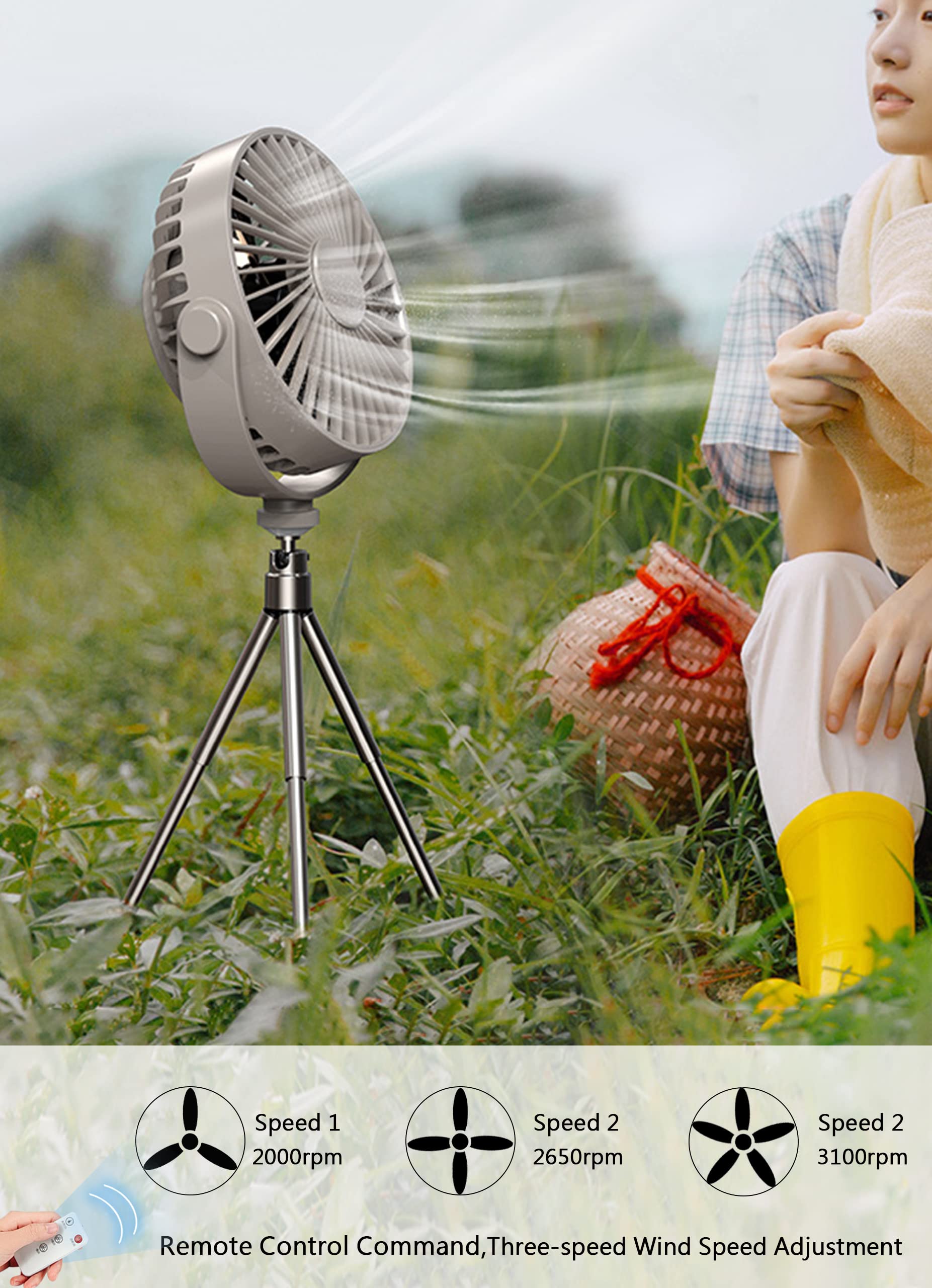 Amazon | ポータブルキャンプファン LEDランタン付き 充電式電池式 6