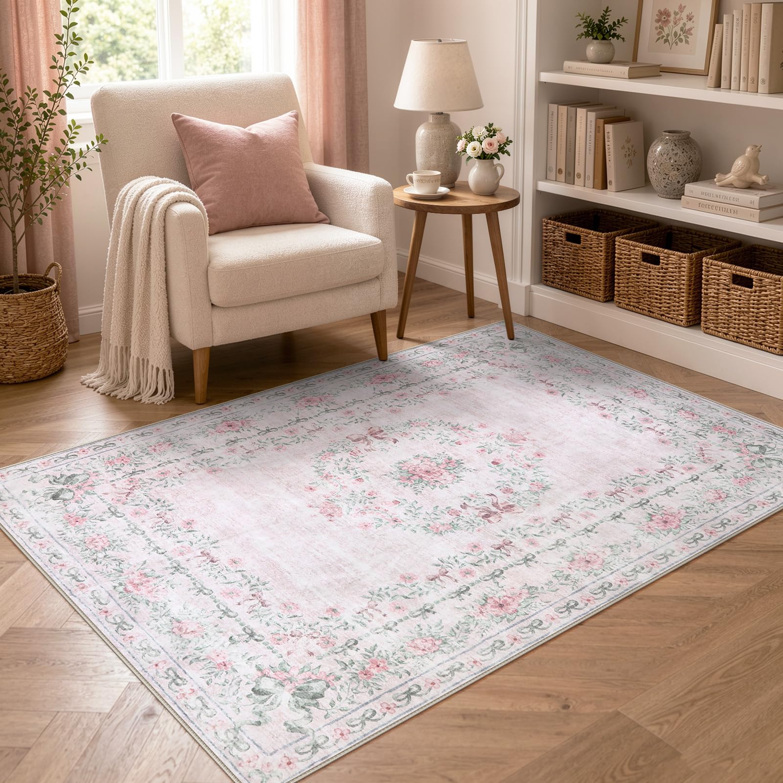 Wonnitar Pink Floral Bow 4x6 Area Rug, Washable Rug for Bedroom