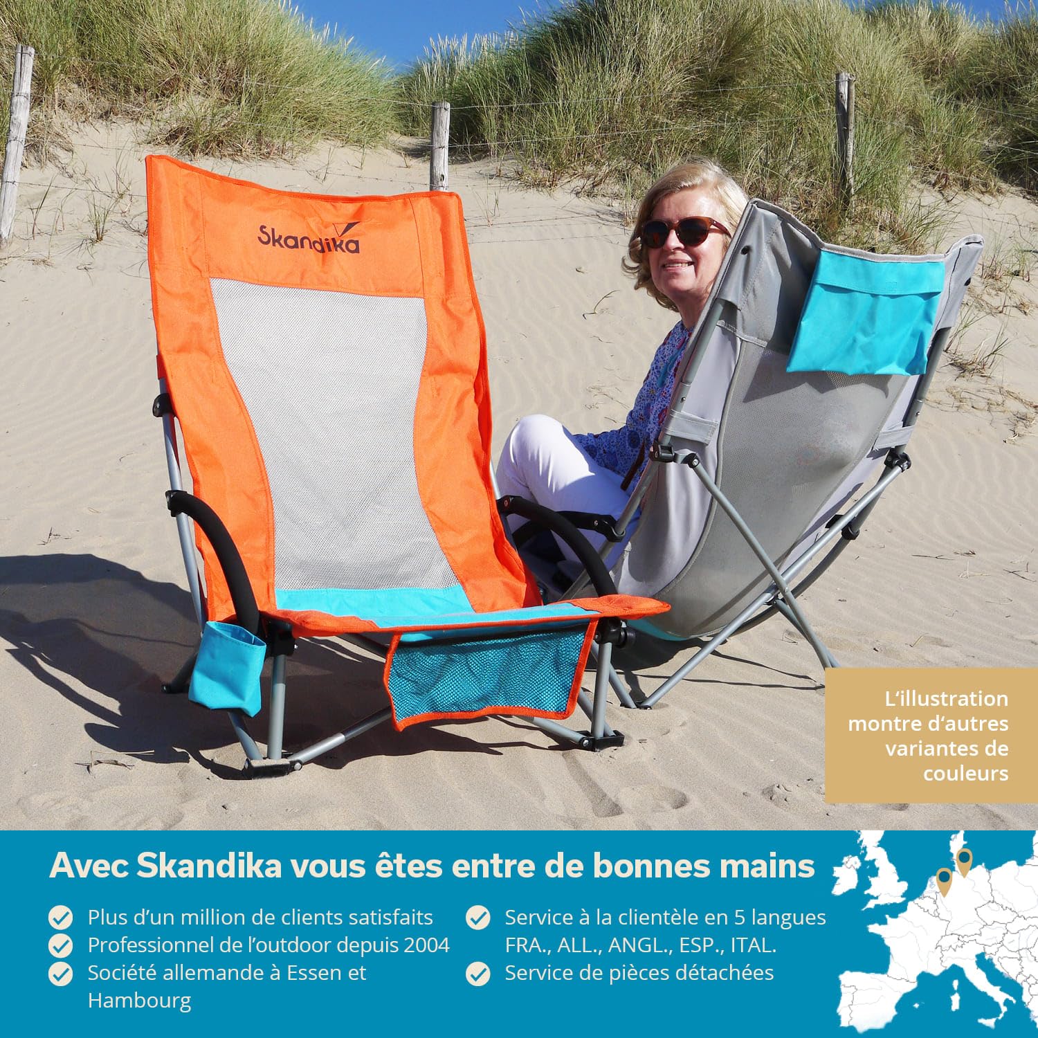 Skandika Chaise de Plage Pliante Beach | Chaise de Plage Confortable avec Mesh Respirant, Porte-Boisson, Basse, Facile à Transporter, Max. 136 kg | Chaise de Camping Pliable, Chaise Longue