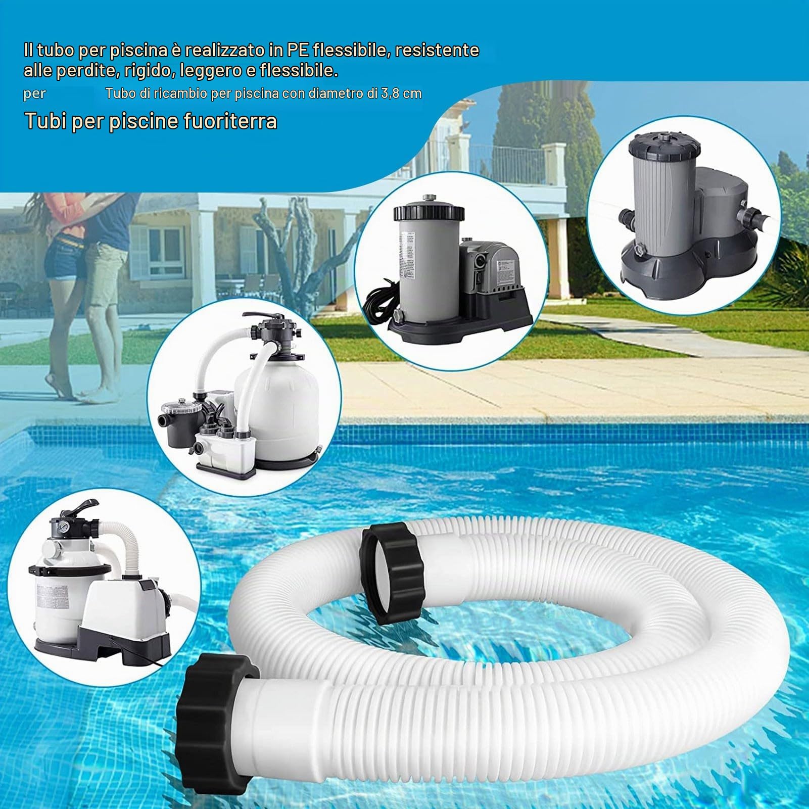 Tubo flessibile per piscina, tubo di ricambio per filtro e pompa per piscina, raccordo di aspirazione, 1,5 m