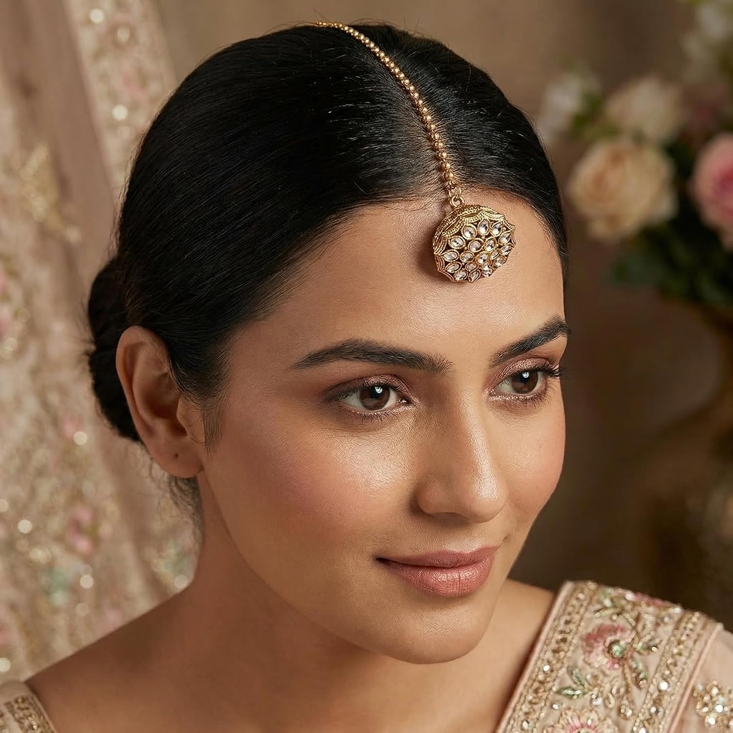 I Jewels Gold Plated Rajasthani/Rajputi Kundan Pearl Studded Borla Matha Patti Maang Tikka for Women