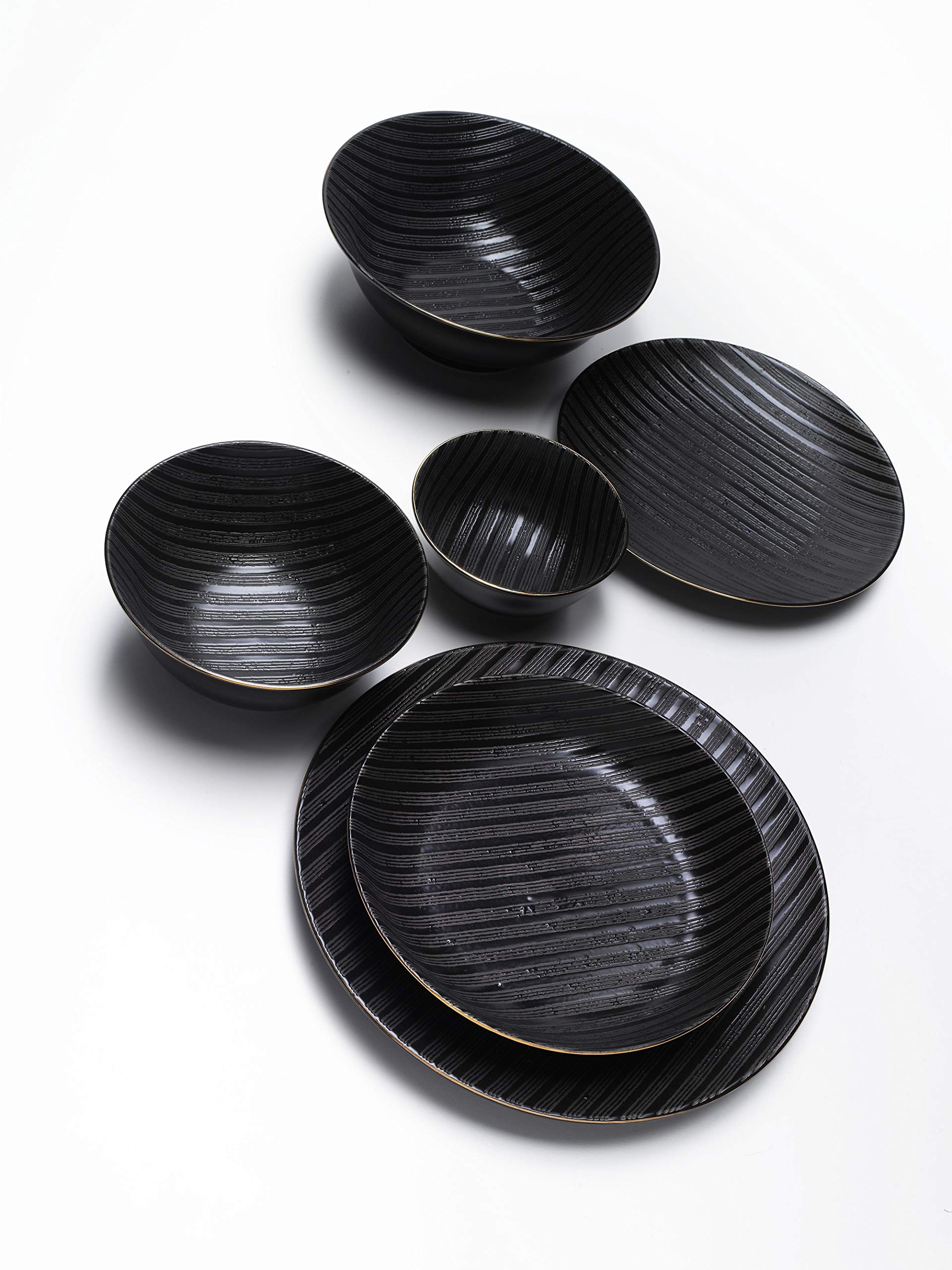 Zafferano Black Stone - Porzellan Schale Medium Size, Durchmesser 152 mm, Farbe Schwarz/Goldrand, spülmaschinenfest - Set 6-teilig