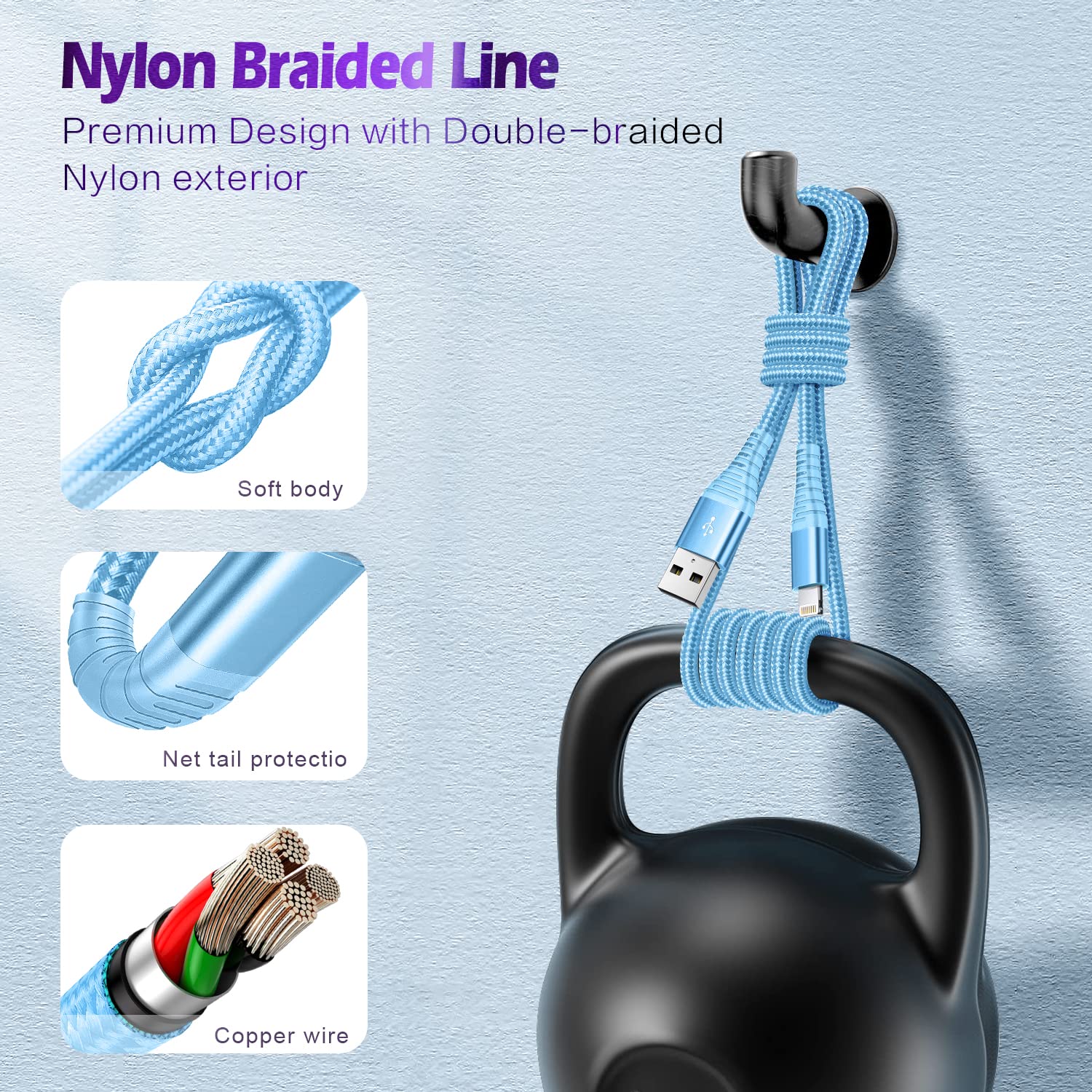 Cugunu IPhone Charger, 5 Pack 3/3/6/6/10FT Apple MFi Certified USB Lightning Cable Nylon Braided Fast Charging Cord Compatible For IPhone 14/13/12/11/X/Max/8/7/6/5/SE/Plus/iPad - Black