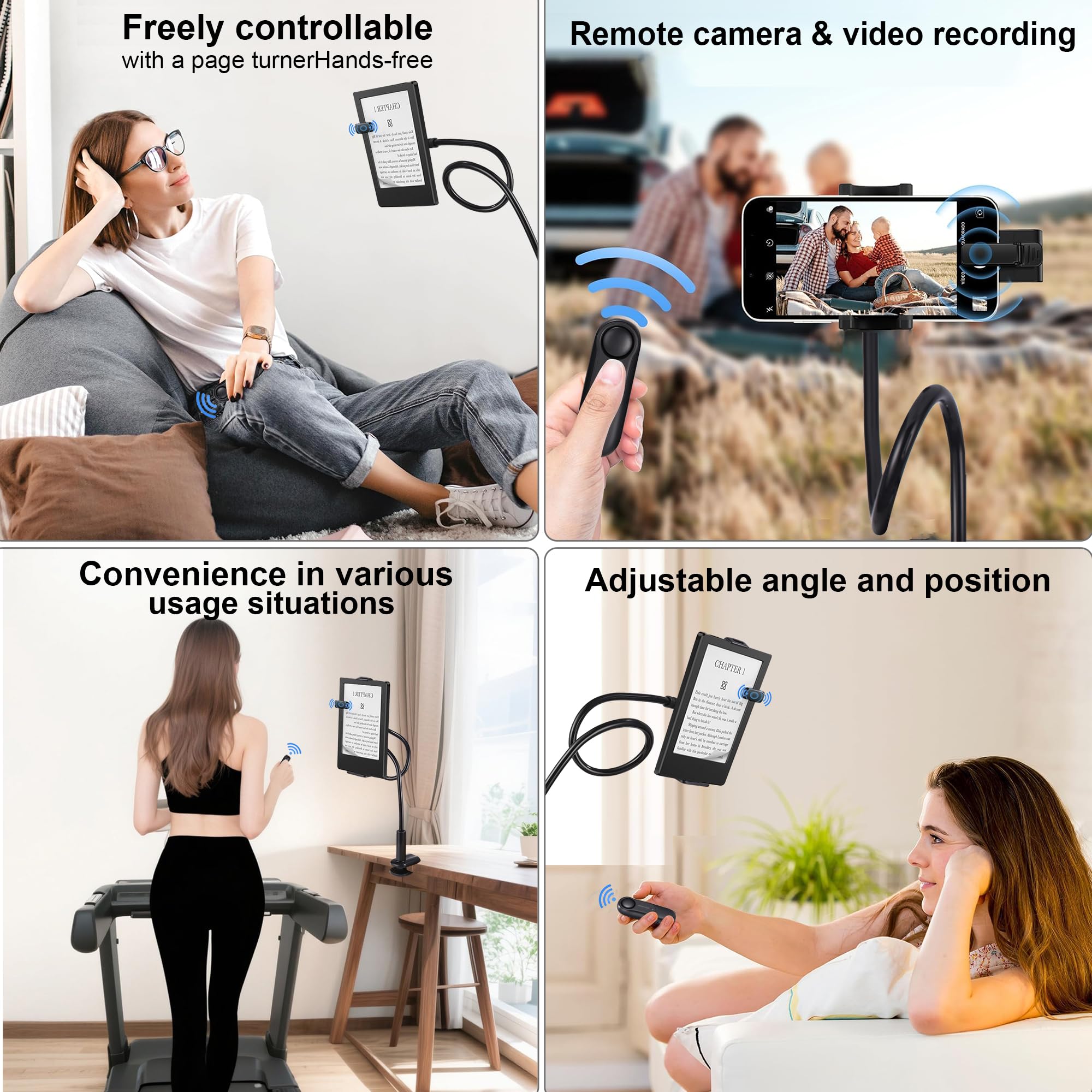 Support de Tablette pour la Lecture Kindle avec RF Télécommande Tourne Page, Support à col de Cygne avec Tourne, Accessoires pour la Lecture Kindle/iPad/appareils de 4,7 à 10.53 Tablets au Lit