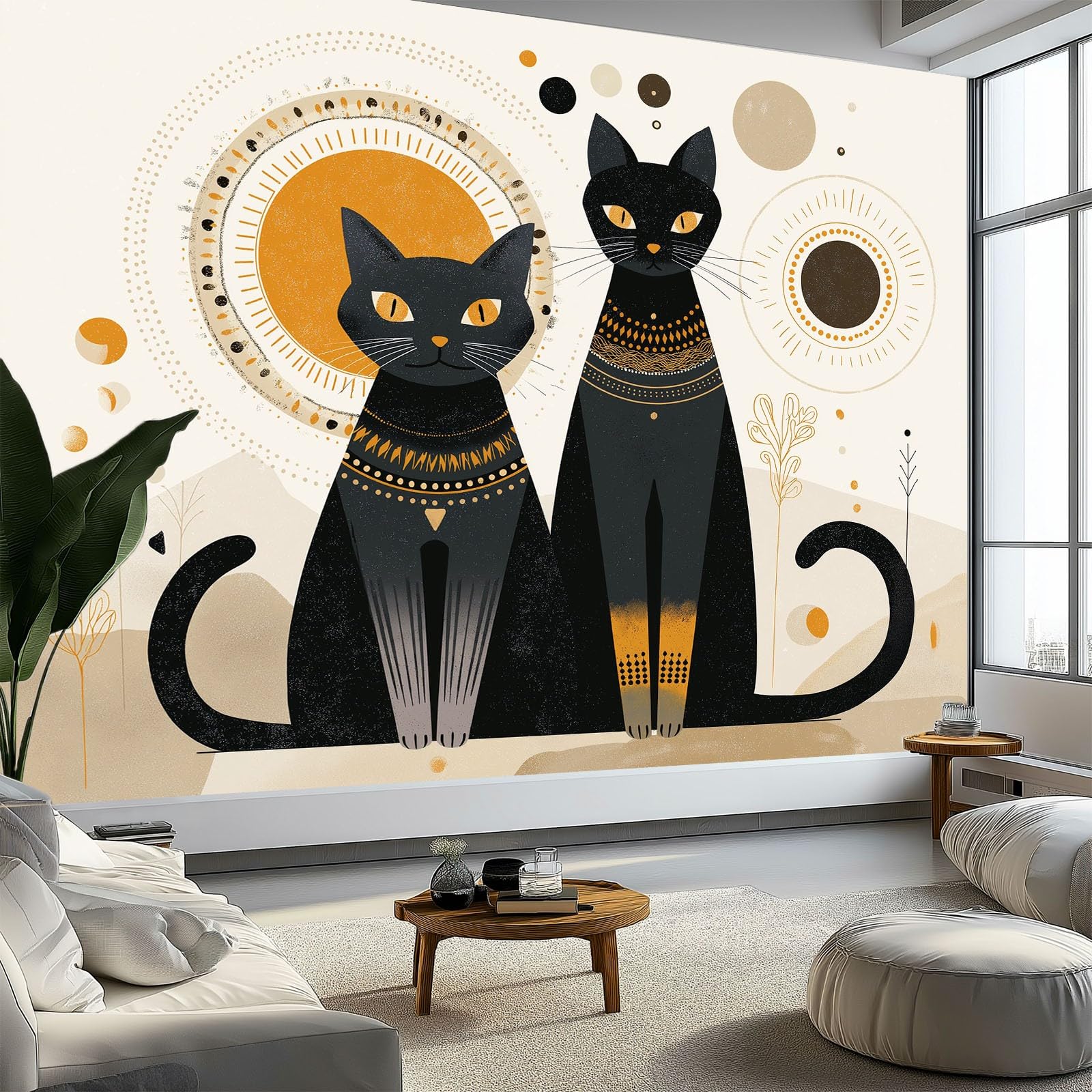 Panoramiczna tapeta z włókniny w stylu boho, tajemniczy geometryczny kot słońce, 200 x 140 cm, gigantyczny plakat ścienny z efektem 3D, dekoracja ścienna do salonu, sypialni, biała