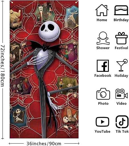 Miniatura 6 de Jack Skellington Sally Zero - Cubierta de puerta de Jack Skellington Sally Zero - Fondo de fotos para Halloween, Navidad, Navidad, decoración y