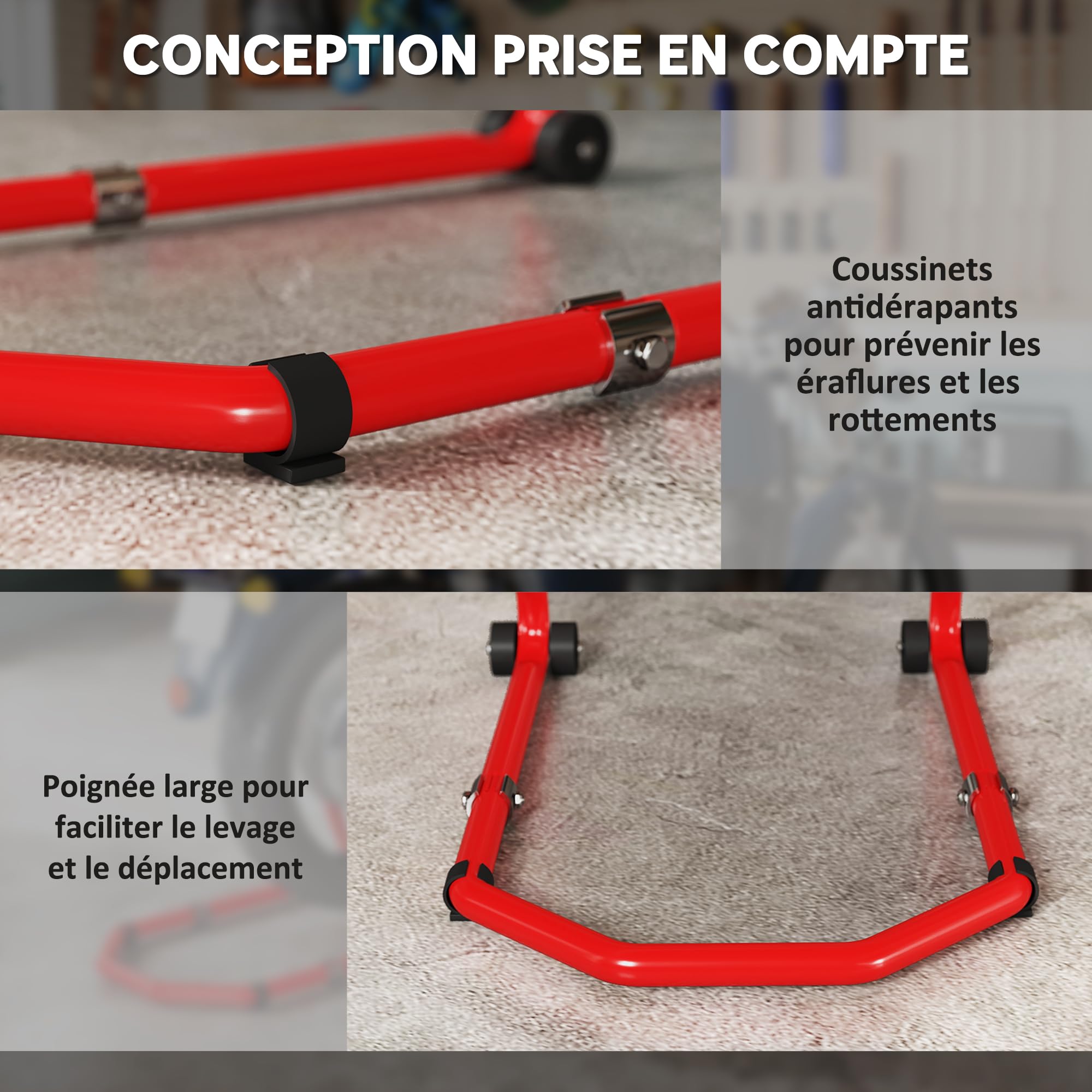 HOMCOM Béquille Moto, Capacité 390 kg, Support Avant et Arrière Réglable avec Fourches U+L, Roues, Clips de Serrage, Béquille Roue Avant Arrière, Rouge