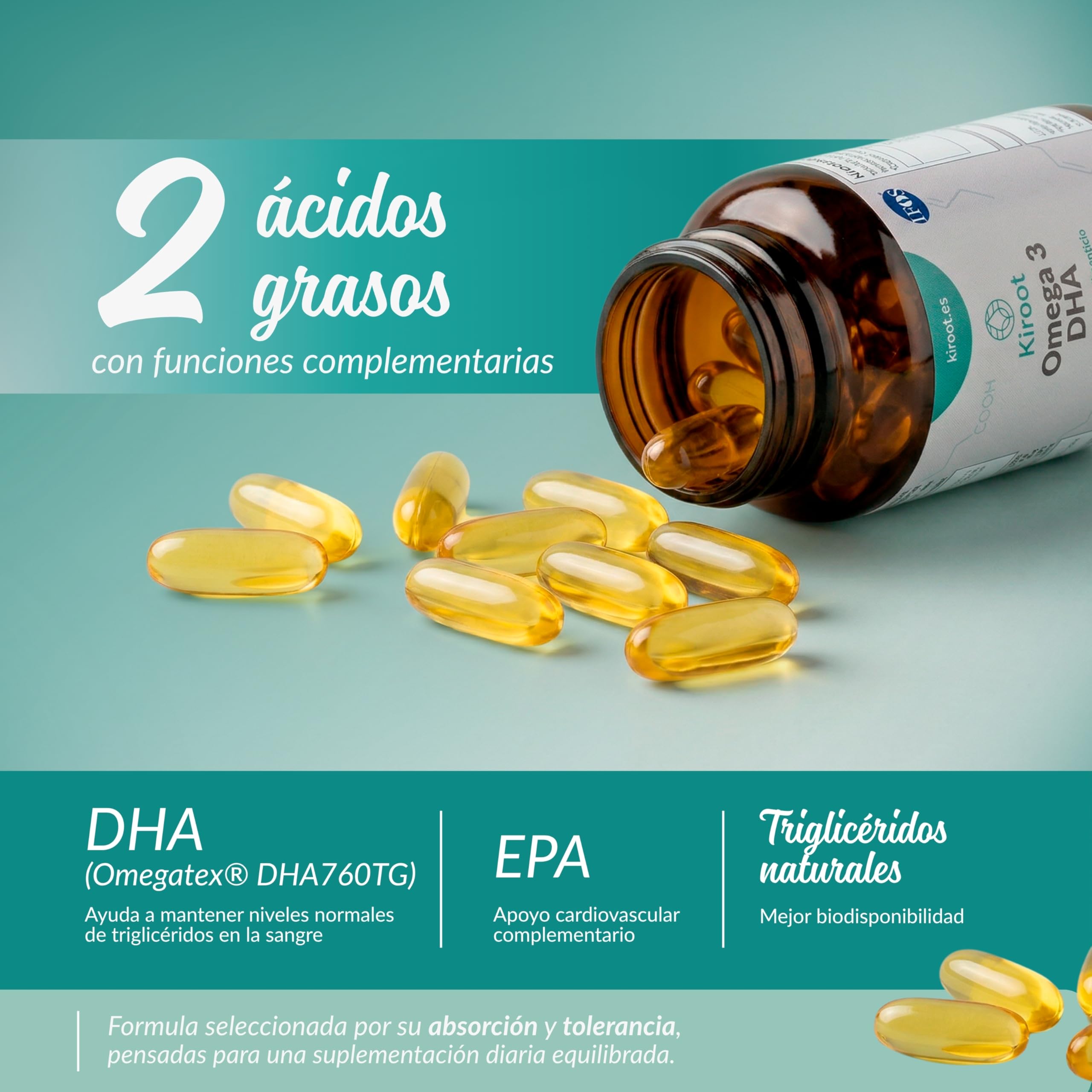 Kiroot Omega 3 DHA Alta Concentración | 60 Perlas - 1 Mes | Apoyo a Corazón, Cerebro y Visión | Triglicéridos Normales | IFOS | Sin Gluten Sin Lactosa
