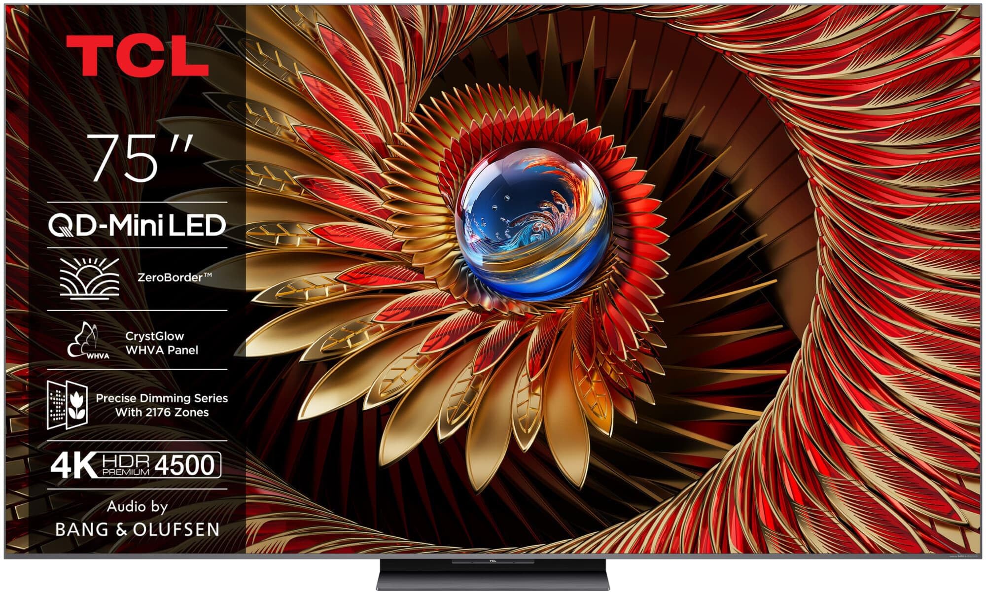 TCL 75C89K Téléviseur QD‑Mini LED 75”, 4K HDR Premium 4500, ZeroBorder™, Smart TV sous Google TV (Dolby Vision IQ & Atmos, Panneau CrystGlow WHVA, Audio by Bang & Olufsen, 144Hz Motion Clarity Pro, G