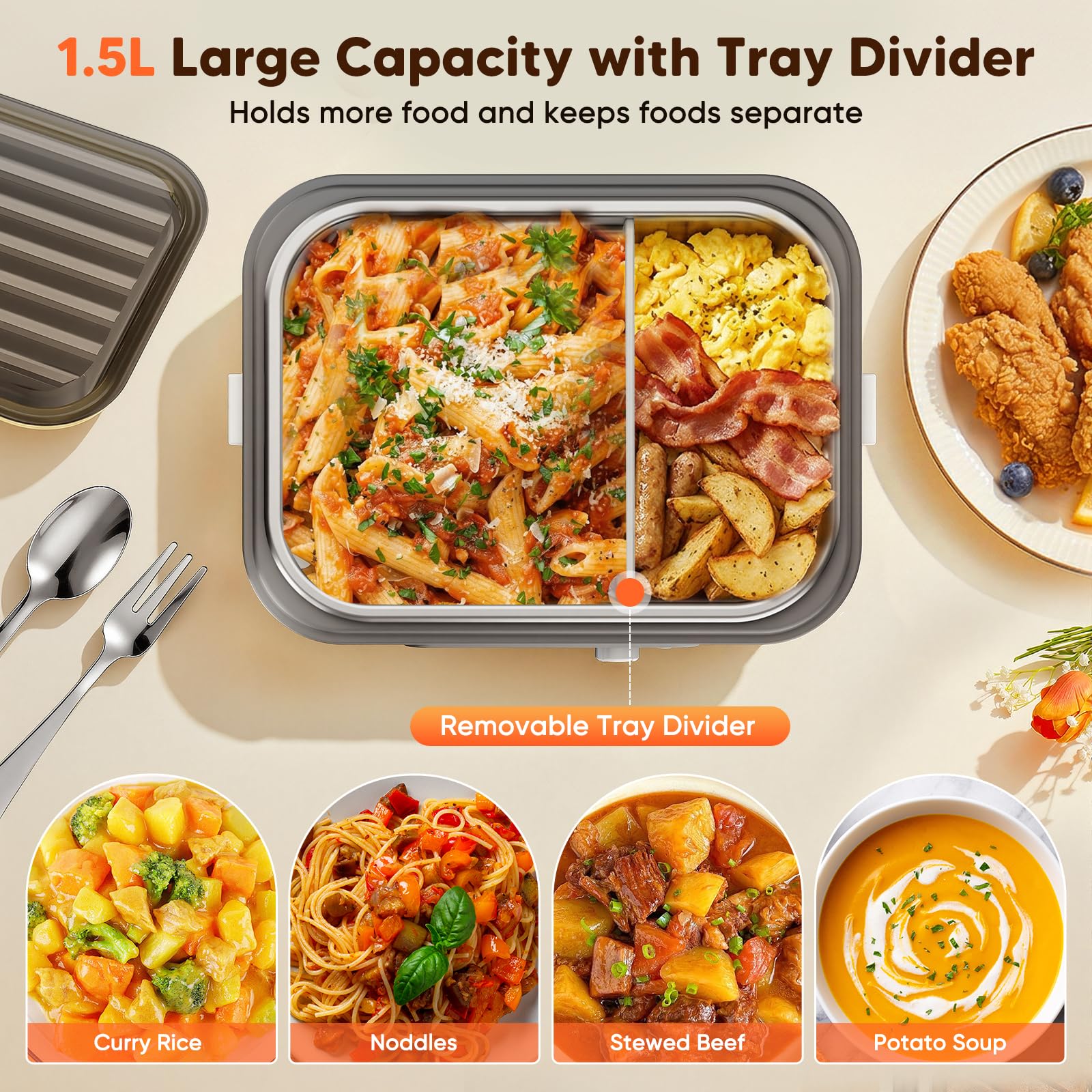 Lunch Box Riscaldato, Lunch Box Riscaldato Intelligente da 1.5L con Touchscreen, Scaldavivande Elettrico Wireless con Piatti in Acciaio Inox e Borsa Termica, Ideale per l'Ufficio/Viaggi/Campeggio