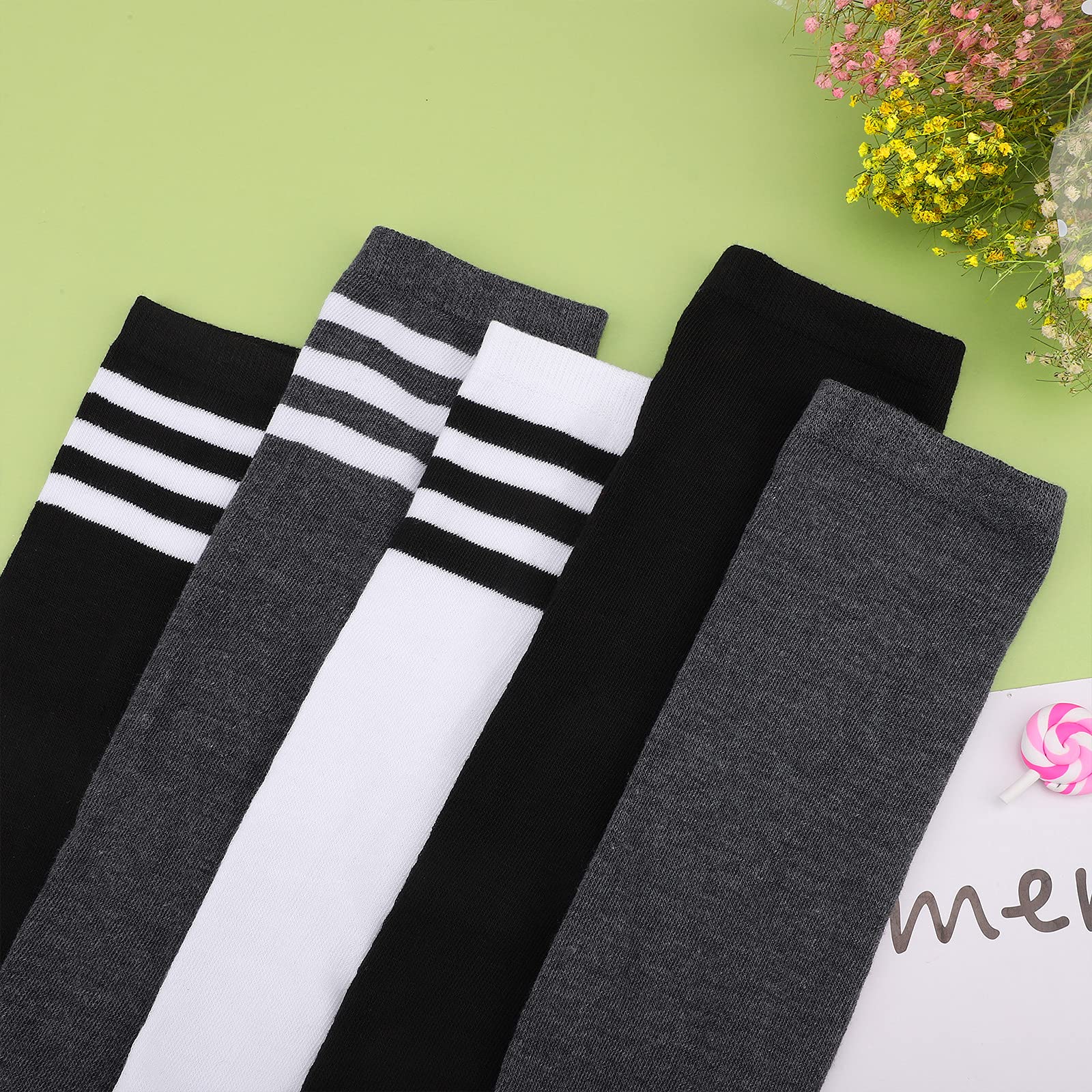 Aneco 6 Pairs Extra Long Socks Long Boot Stockings Thigh High Socks for Women: One Size Black, White, Dark Gray Stripe Colors, Pure Colors