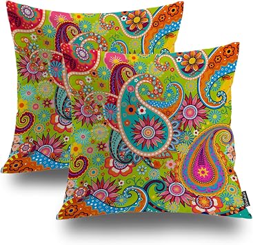 Shrahala Floral Vintage Decorative Pillow Covers, Green Yellow Red Paisley Pattern Cushion Case for Sofa Bedroom Car Throw Pillow Covers Cushion Cover Square 22 x 22 inches Blue 02, Set of 2