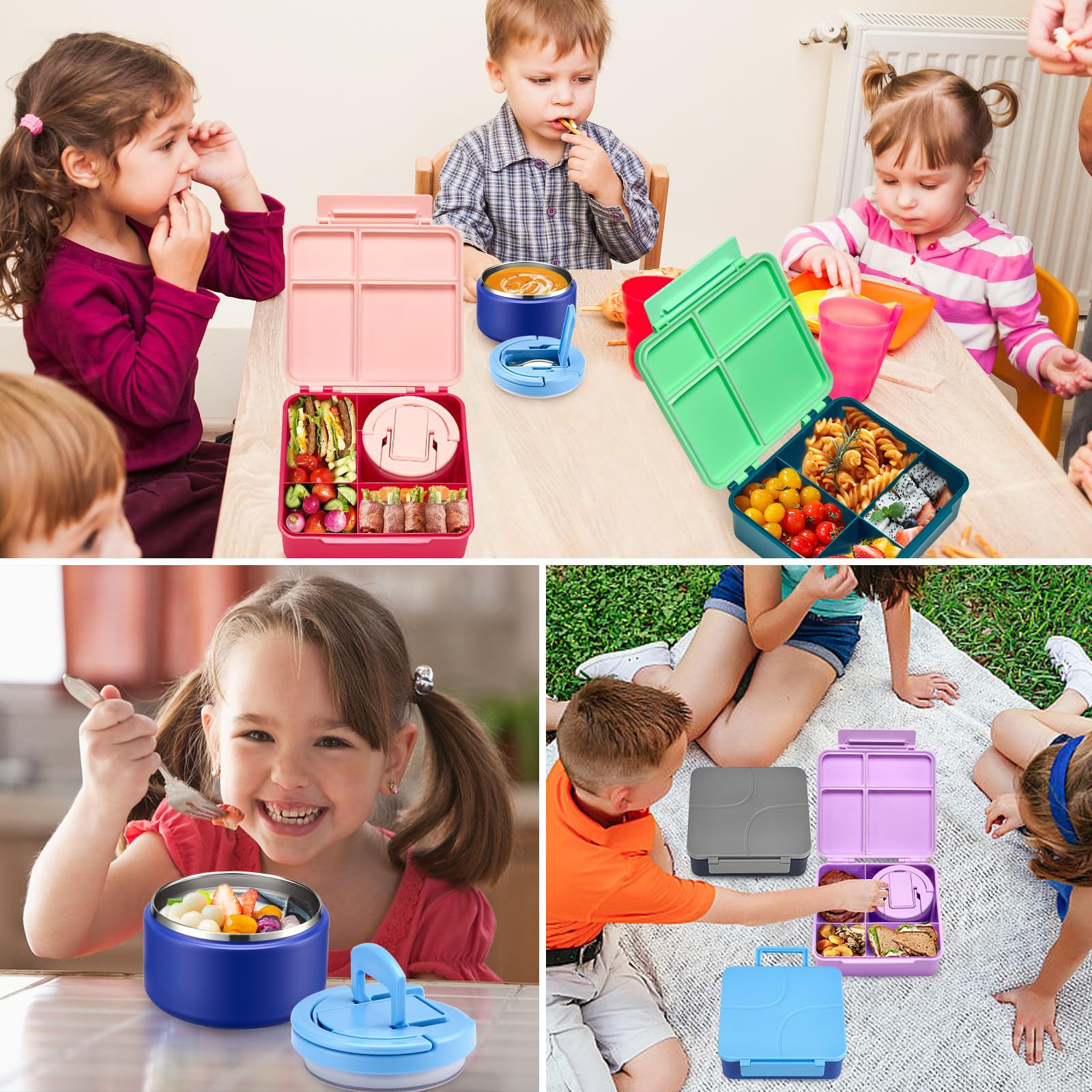 Lonchera Bento para niños con termo de sopa de 8 onzas, recipientes de comida a prueba de fugas para niños con 4 compartimentos, tarro térmico térmico para alimentos calientes para niños, para la 7