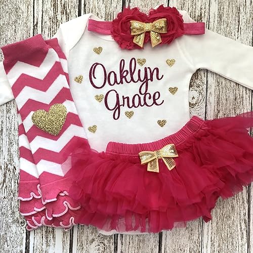 Vista 24 de Personalized Baby Girl Outfit Shower Gift Custom Name Glitter Heart Outfit Optional Tutu Bloomers Headband and Leg Warmers Light Purple + Gold