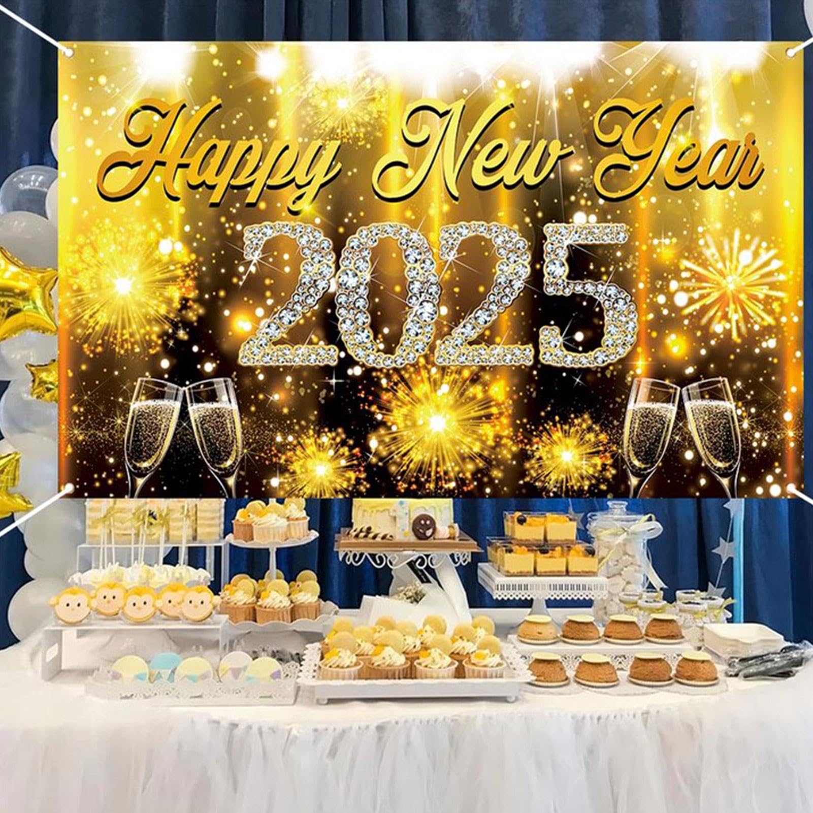 Sfondo Fotografico Per Capodanno 2025 - Banner 7x5FT Neon Glitter Con Scritta Felice Anno Nuovo - Decorazioni Per Feste Di Capodanno - 2