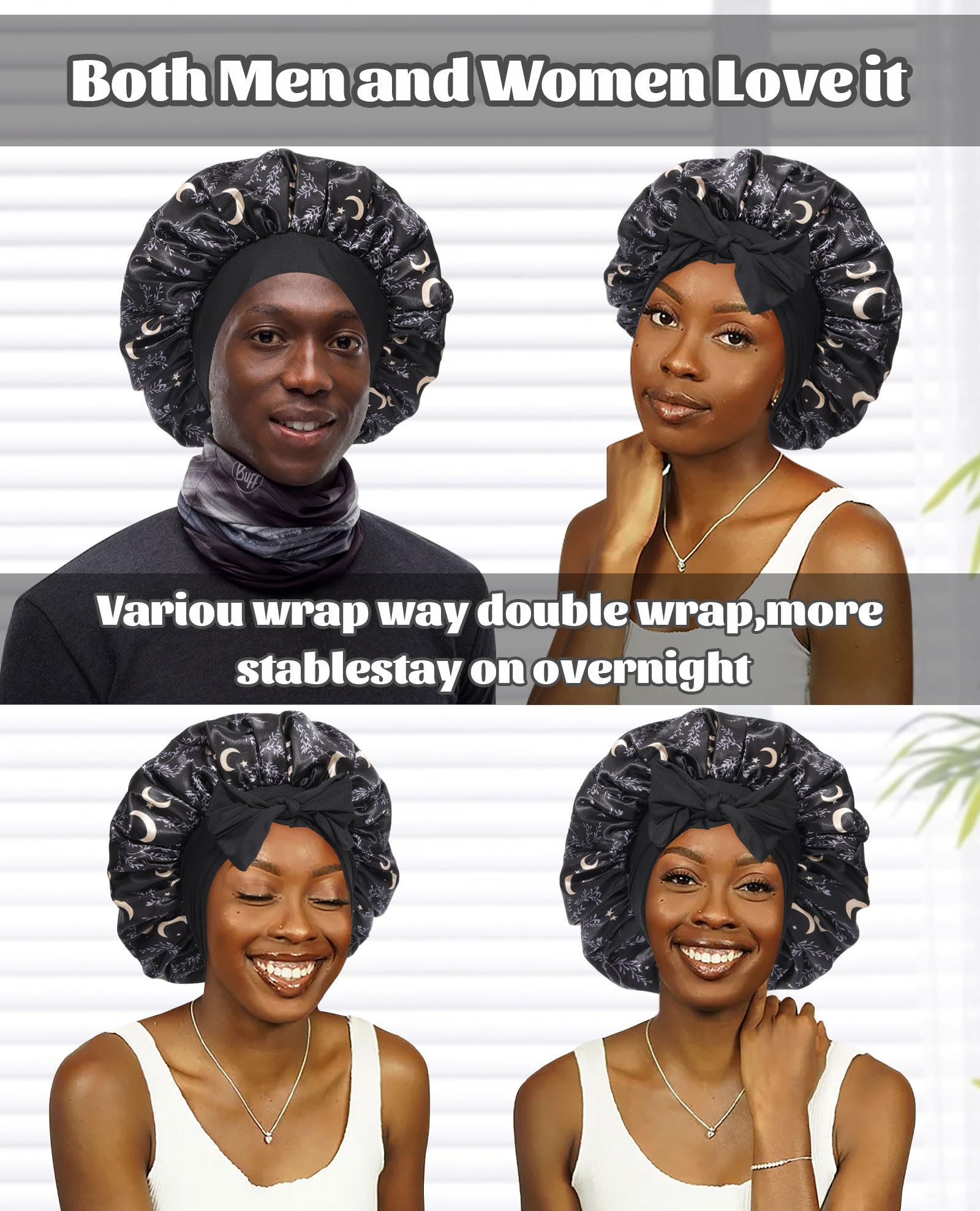 Satin Bonnet Silk Bonnet for Sleeping Silk Sleep Cap Double Layer Hair Bonnet with Elastic Tie Band for Curly Hair Night Cap (Black stars and moon+Black): One Size Black stars and moon+Black