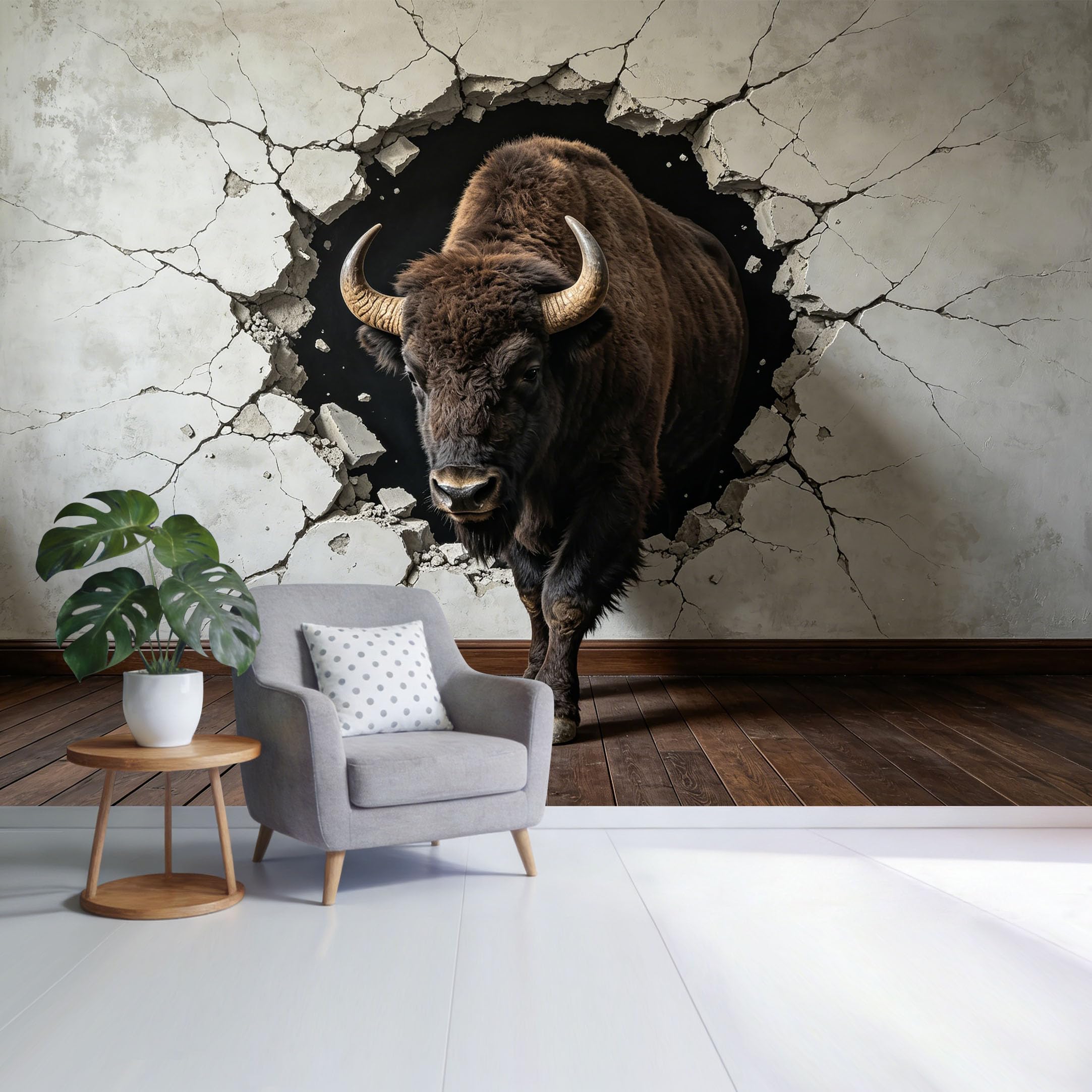 Custom Size Wall Mural 3D Trompe L'Oeil Wild Bison Breaking Concrete Wall Removable Self Adhesive Fabric Home Wall Decor for Living Room Bedroom Bathroom